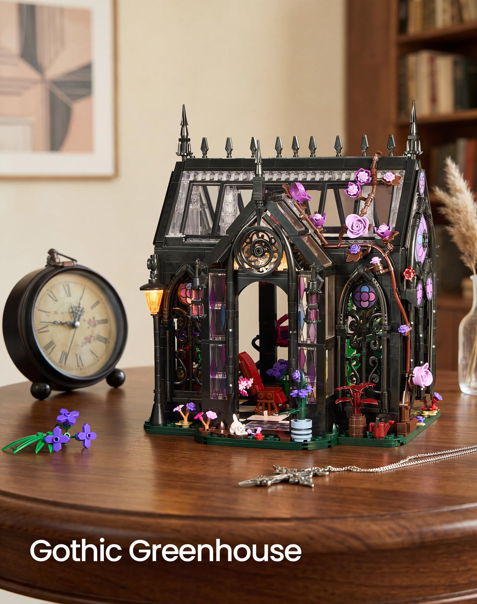 Gothic Greenhouse Building Set with Lights, Architecture Model with Stained Glass & Rose Vines, Botanical Garden Display with Flowers & Plants, Gothic