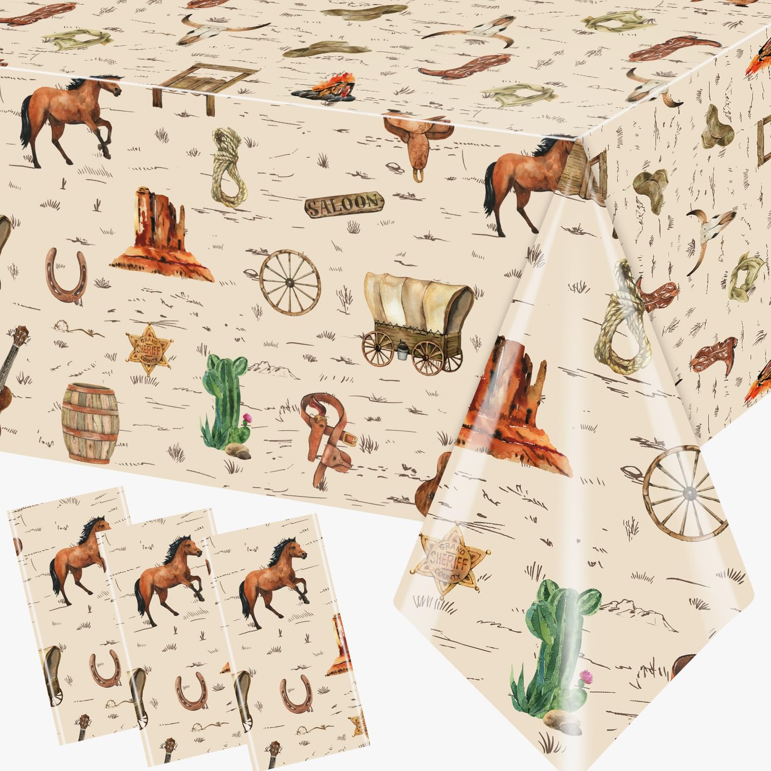 pugipien Western Birthday Party Decorations Tablecloth 3 Pcs Western Cowboy Party Table Cover Western Plastic Tablecloth for Western Rodeo Cowboy