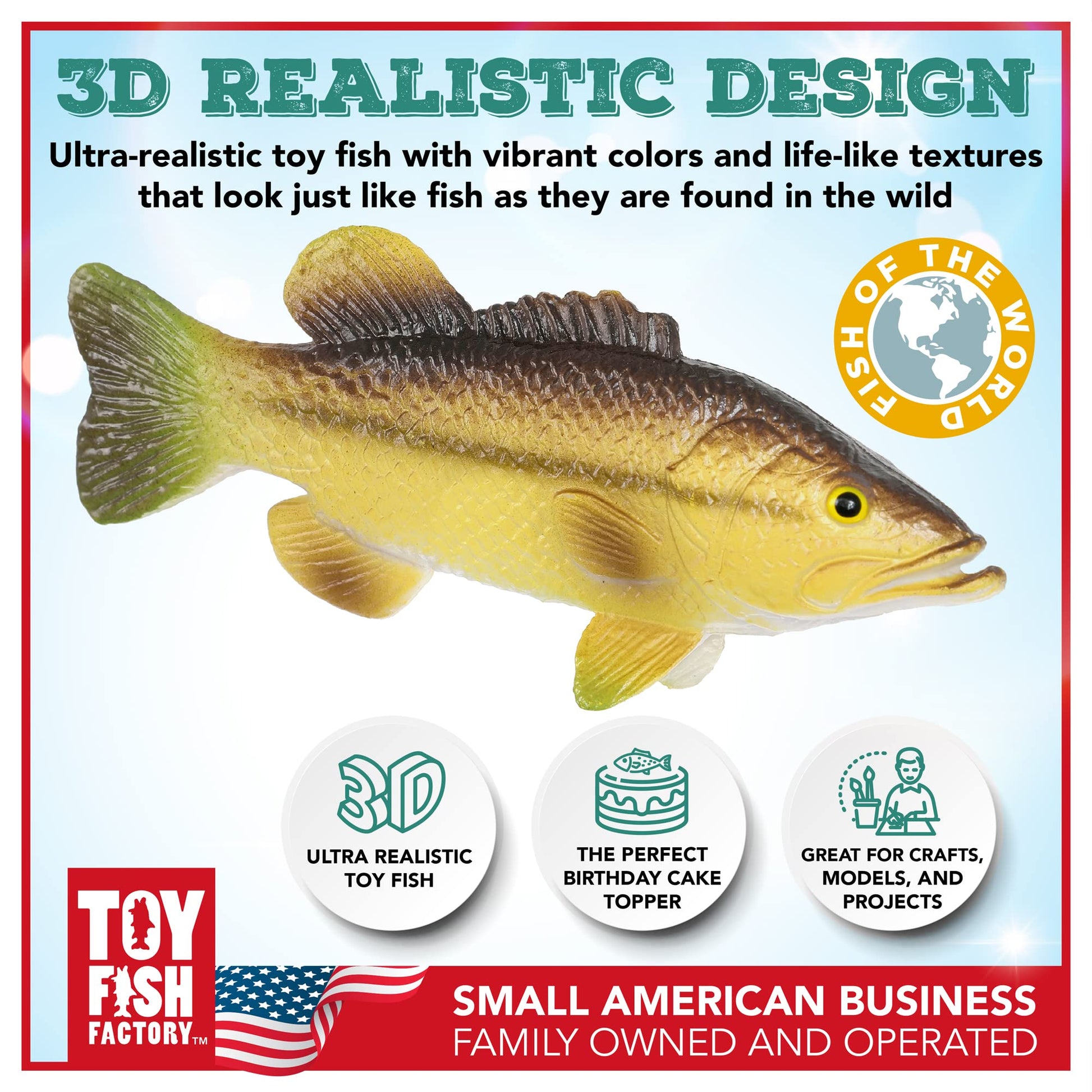 Toy Fish Factory American Angler Collection Toy Fish Set, Toy Fish Figurines, Largemouth Bass Catfish Bluegill Crappie Striper, Educational Toy, Fish