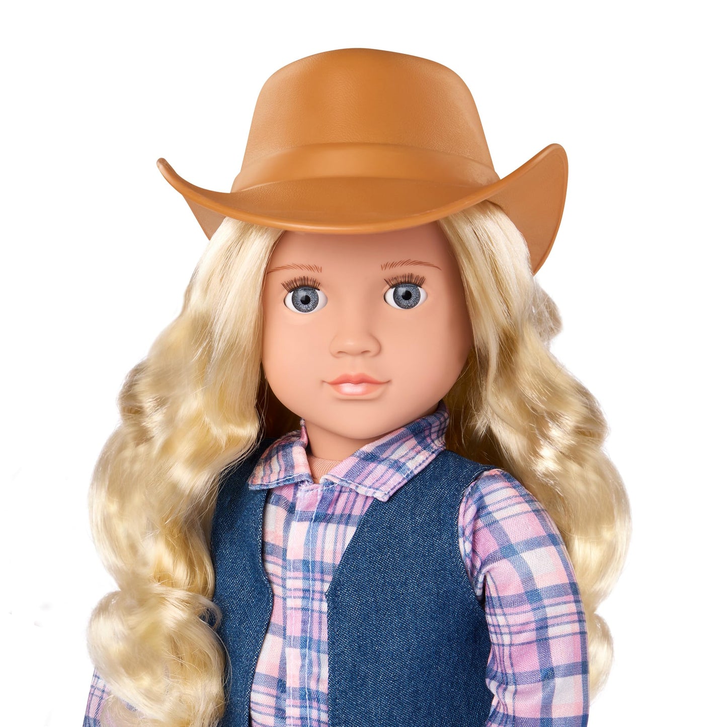 Our Generation - 18-inch Cowgirl Doll - Lifelike Gray Eyes & Wavy Blonde Hair - Cute Plaid and Denim-Style Western Outfit - Cowboy Hat & Horseback