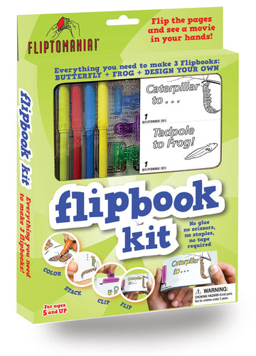 Fliptomania Flipbook Make-Your-Own Flip Book Kit for Kids 3 Pack, Butterfly, Frog, & Blank DIY Flipbook Paper, Drawing Kids Arts & Crafts Project Set