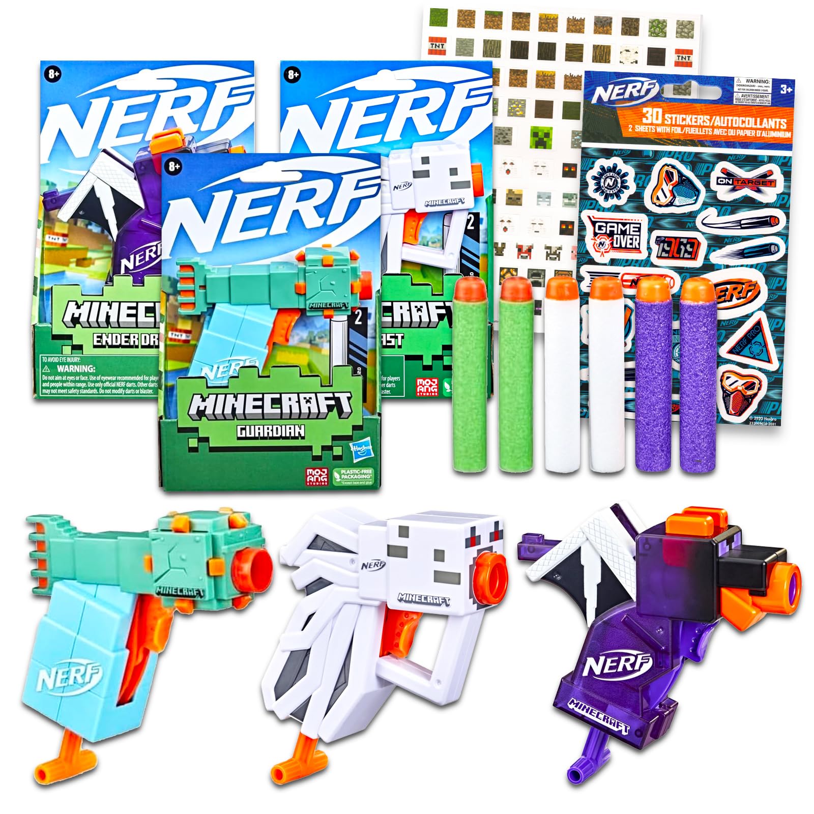 Nerf Minecraft Blasters Set - Bundle with 3 Outdoor Blaster Toys Featuring Ender Dragon, Guardian, and Ghast Plus Stickers, More