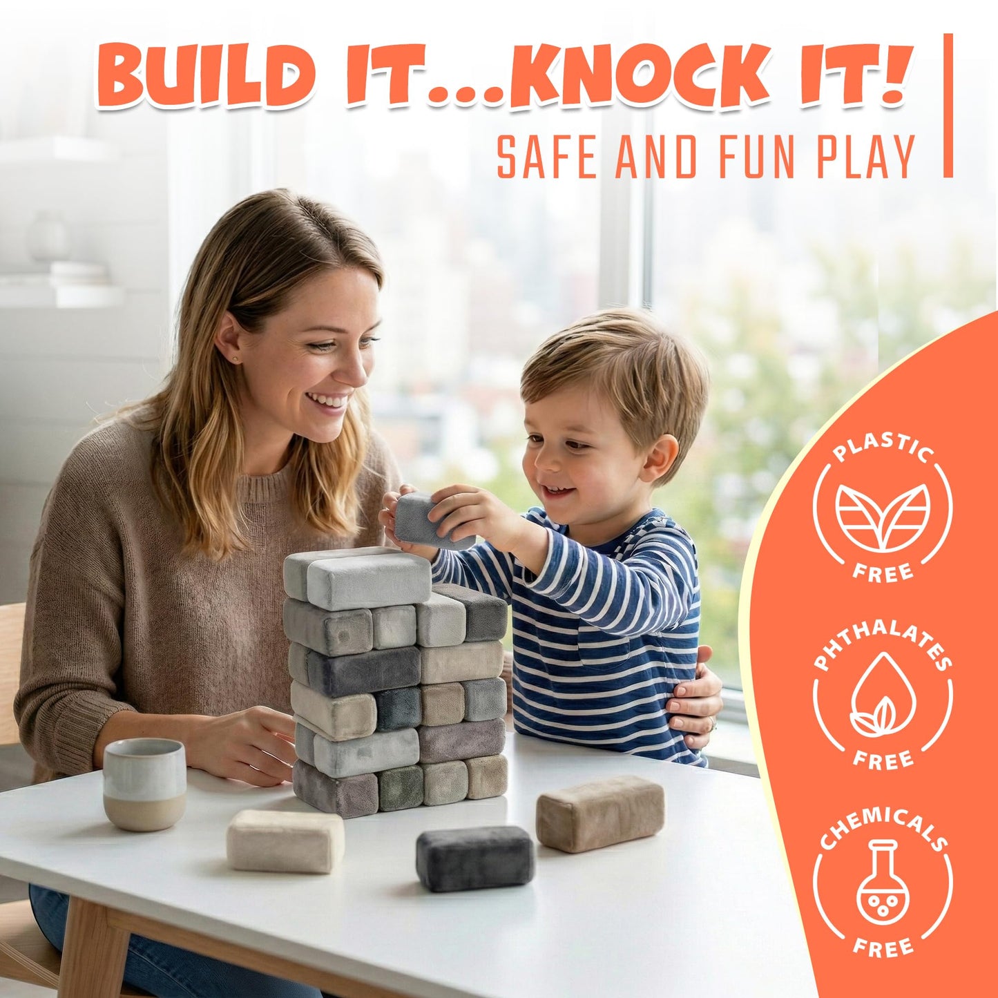 Plush Blocks Mini Foam Building Blocks for Kids (24-Blocks) - Soft Building Blocks for Toddlers, Plush Stackable Foam Blocks, Indoor Play Toy