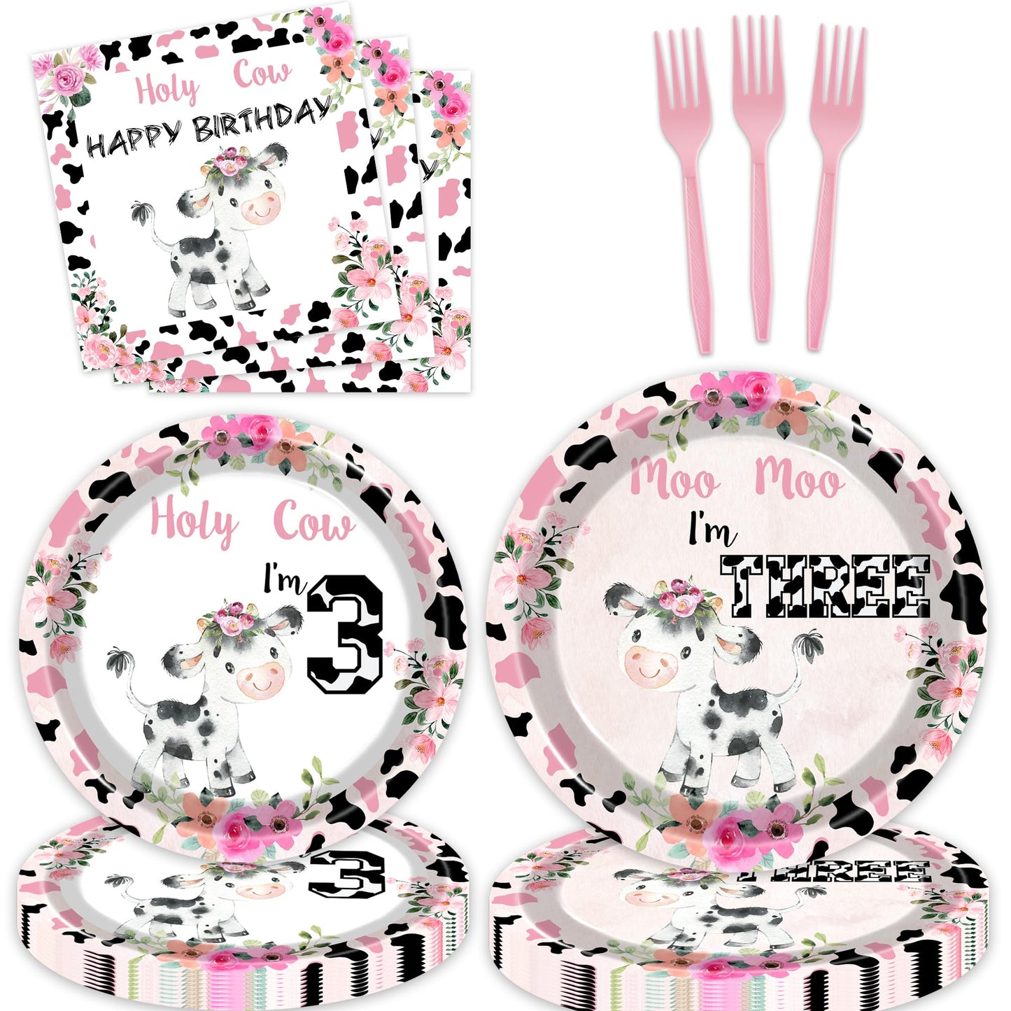 80 Pcs Holy Cow I'm Three Girls Birthday Decorations Moo Moo I'm Three Paper Dinner Plates Napkins Forks Dinnerware for Farm Animals Cow Themed Girls