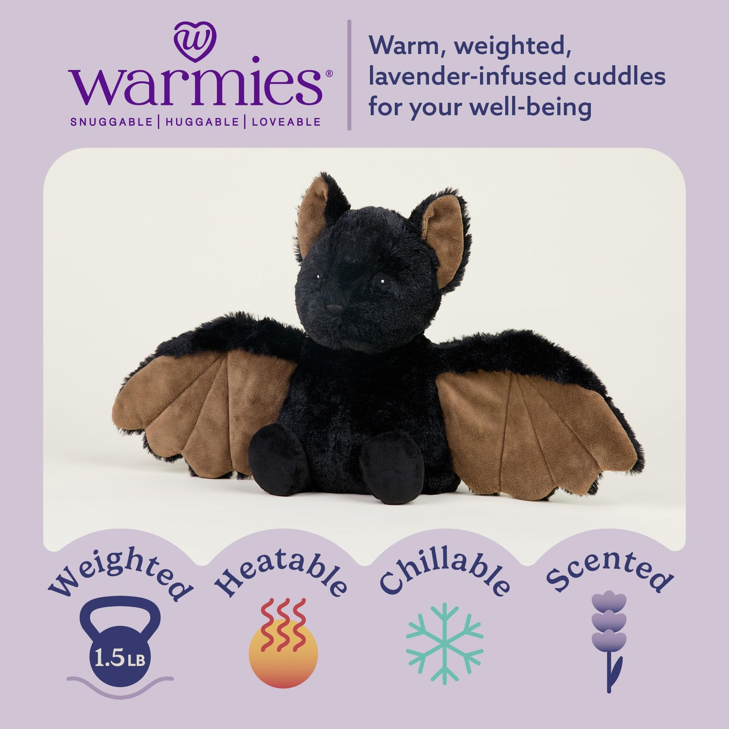 warmies Microwavable & Weighted Stuffed Animals, Bat - Heated Stuffed Animal Plushie for Warmth & Comfort - Cute Soft Plush Toys for Adults & Children