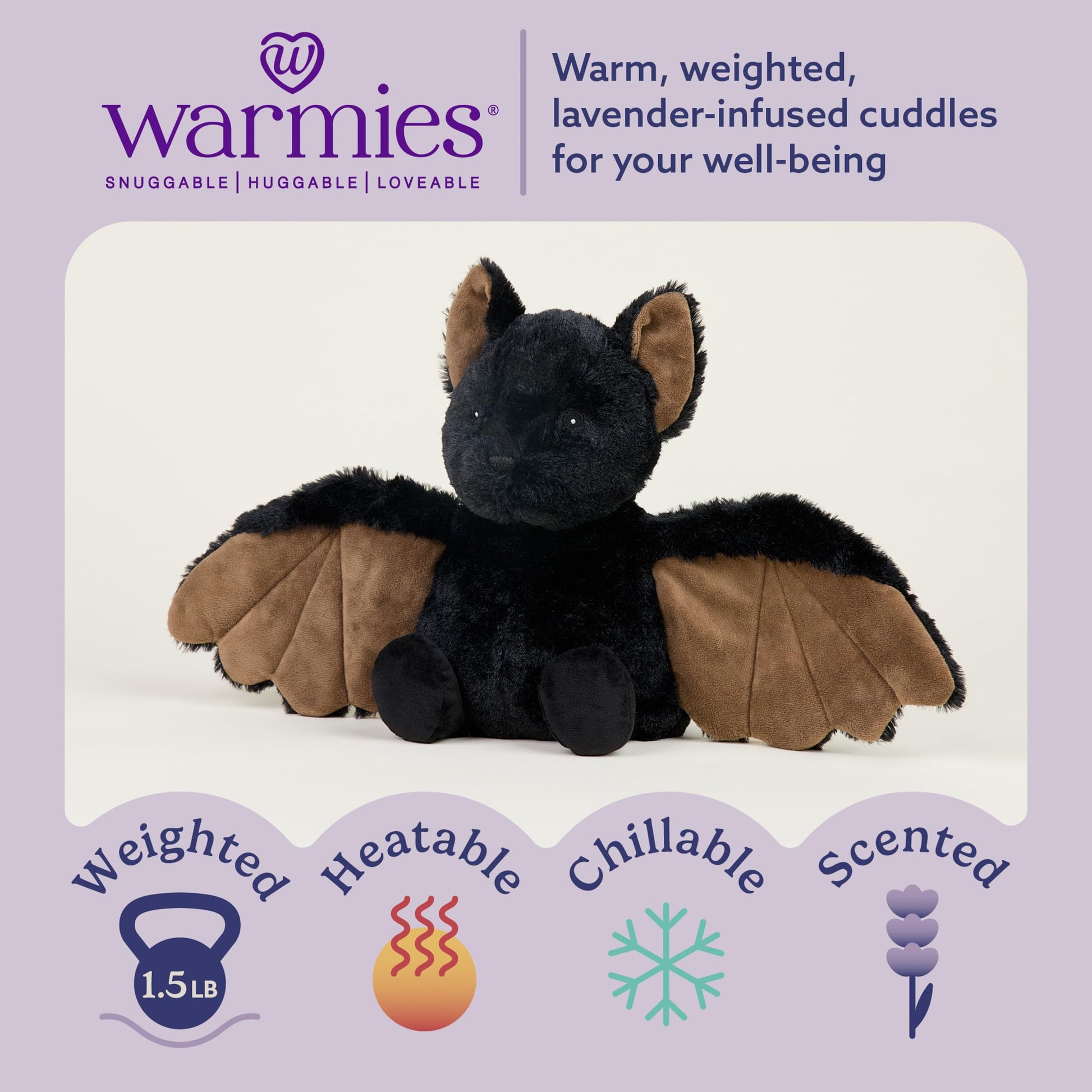 warmies Microwavable & Weighted Stuffed Animals, Bat - Heated Stuffed Animal Plushie for Warmth & Comfort - Cute Soft Plush Toys for Adults & Children