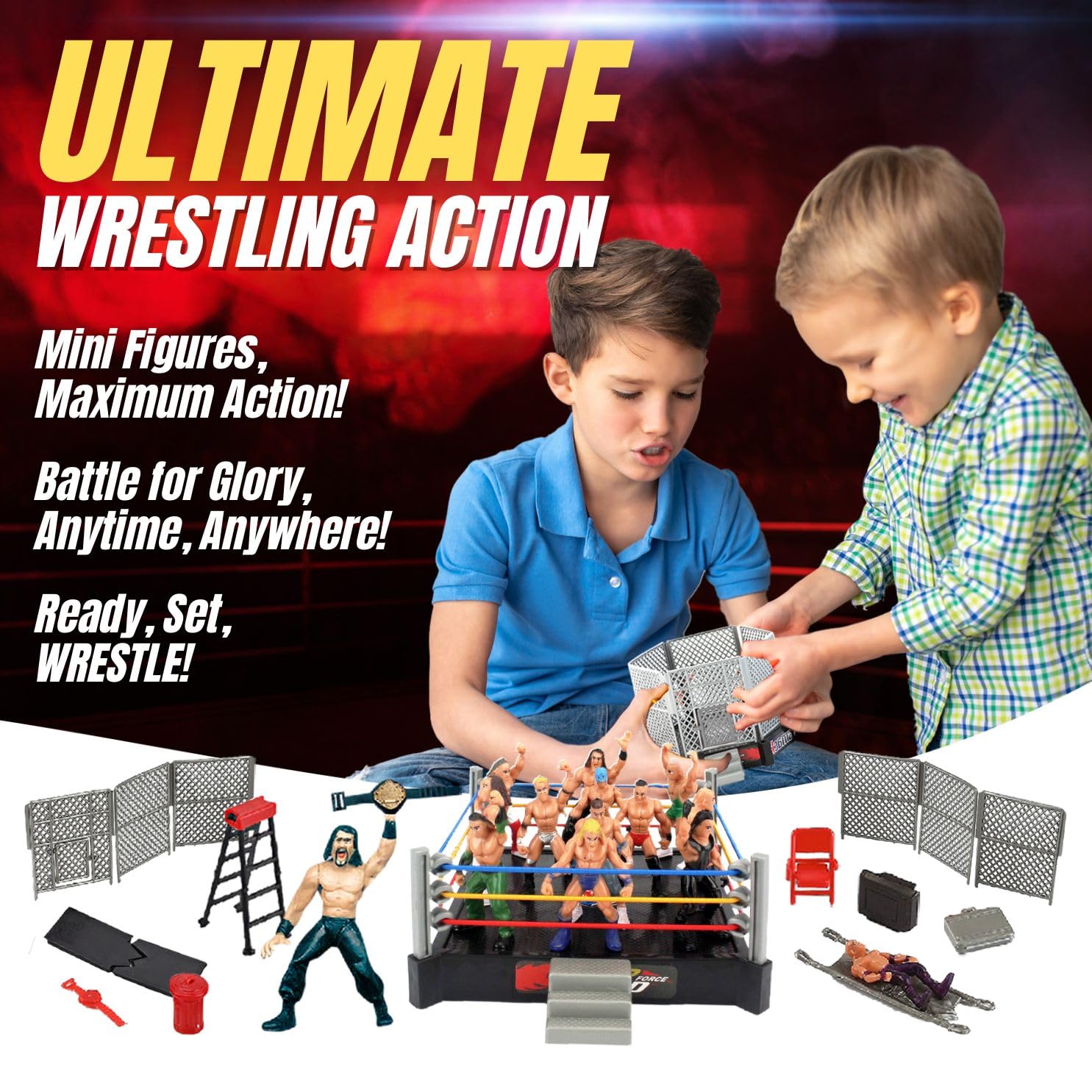 Liberty Imports Ultimate 32-Piece Wrestling Miniature Toys for Kids Pretend Play, Wrestler Figures with 2 Rings & Realistic Accessories for Boys