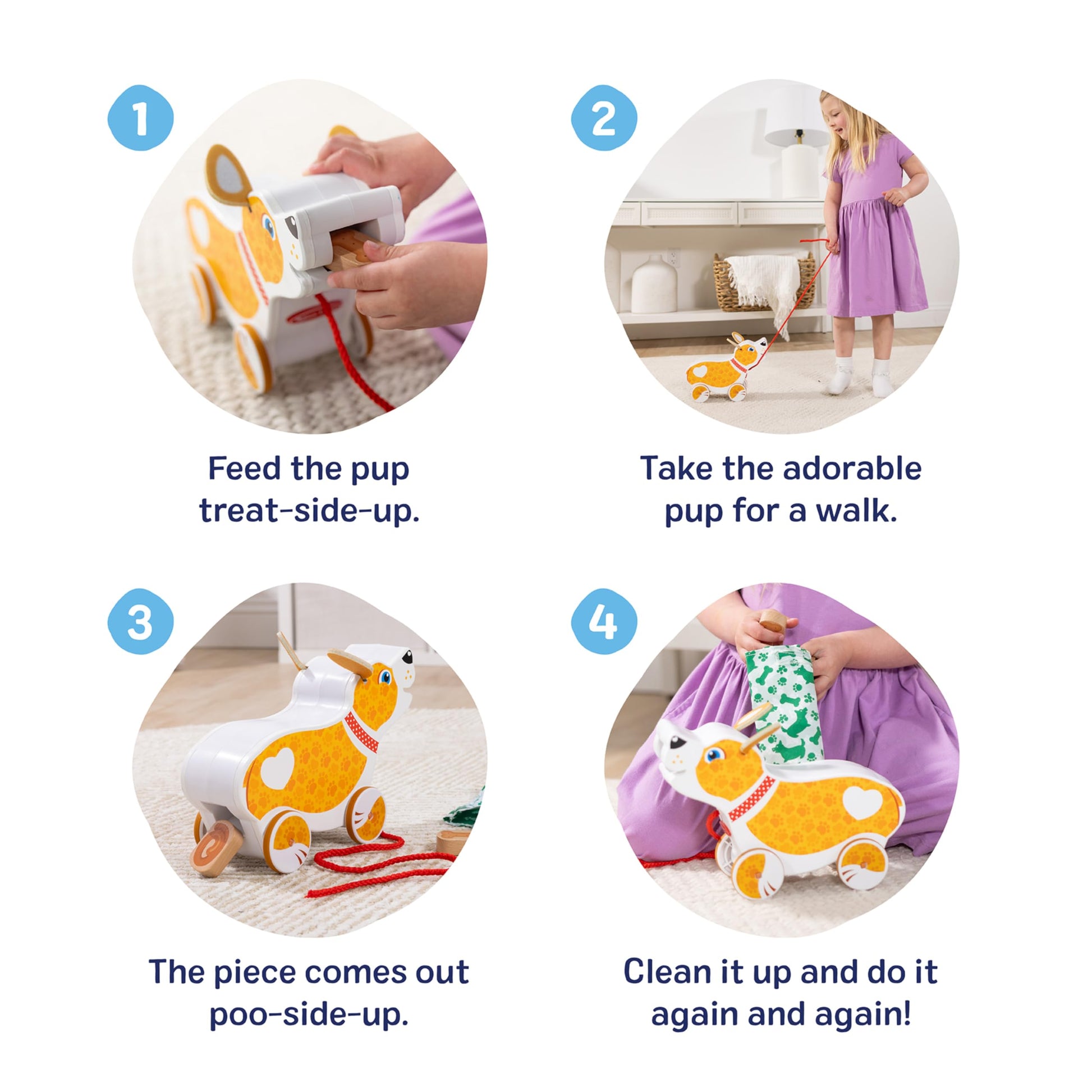 Melissa & Doug Feed, Walk & Poo Pup Wooden Preschool Pull Toy Play Set Ages 3+ - FSC Certified