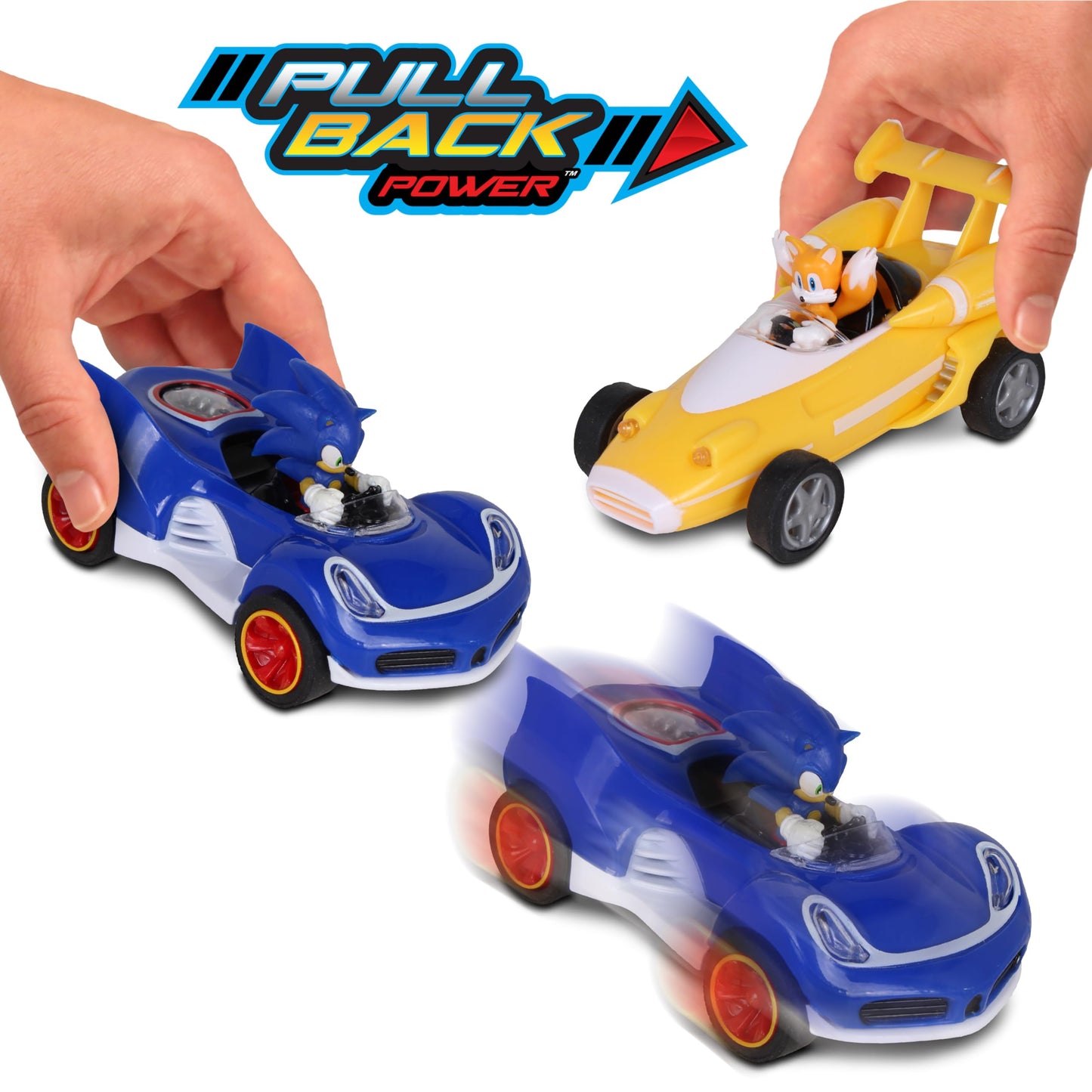 NKOK Sonic Transformed All-Stars Racing 2 Pack Pull Back Action: Tails and Sonic Hedgehog, Two Vehicles, Video Game Legends, No Batteries Required