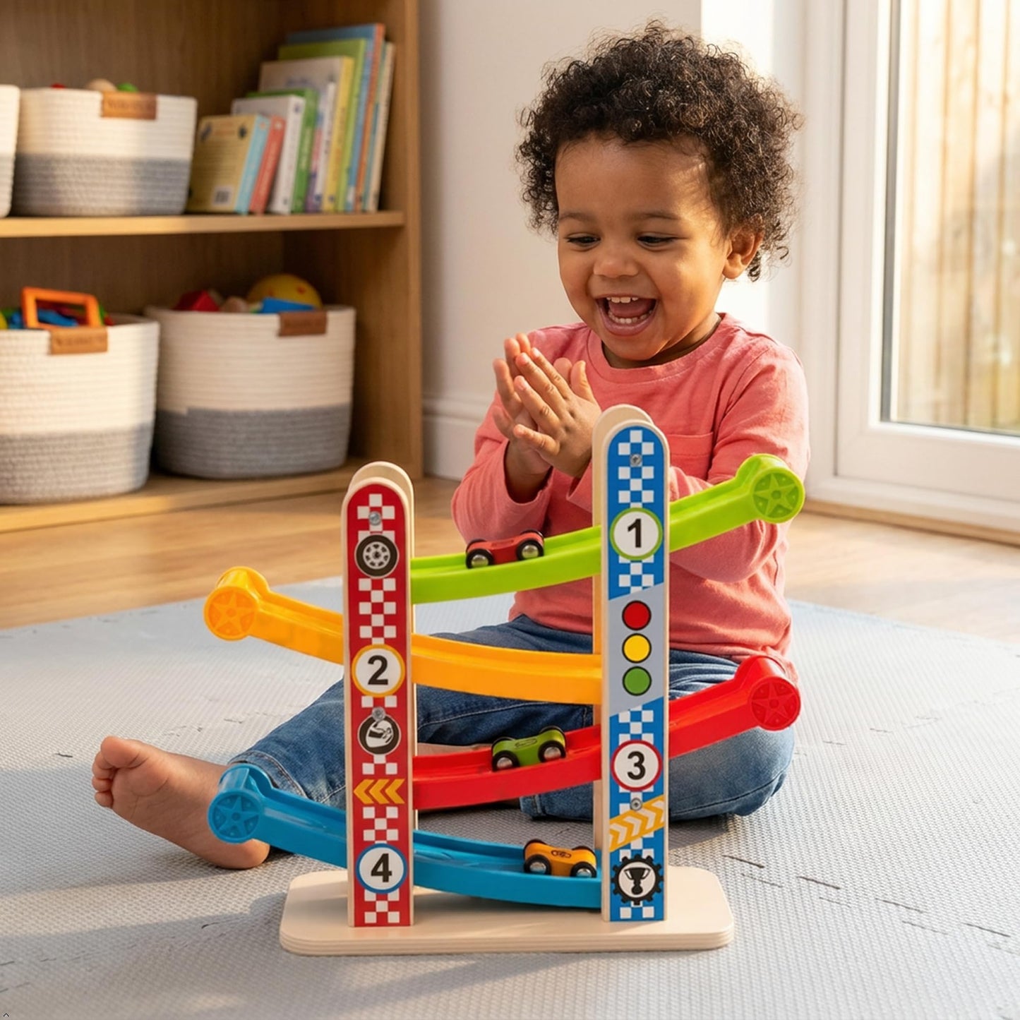 Wooden Car Ramp Race Track for Toddlers 1-3 - Montessori Toys for 1 2 3 Year Old Boy, Toddler Toys for 2 Year Old Boy and Girl, 4 Cars, Fine Motor