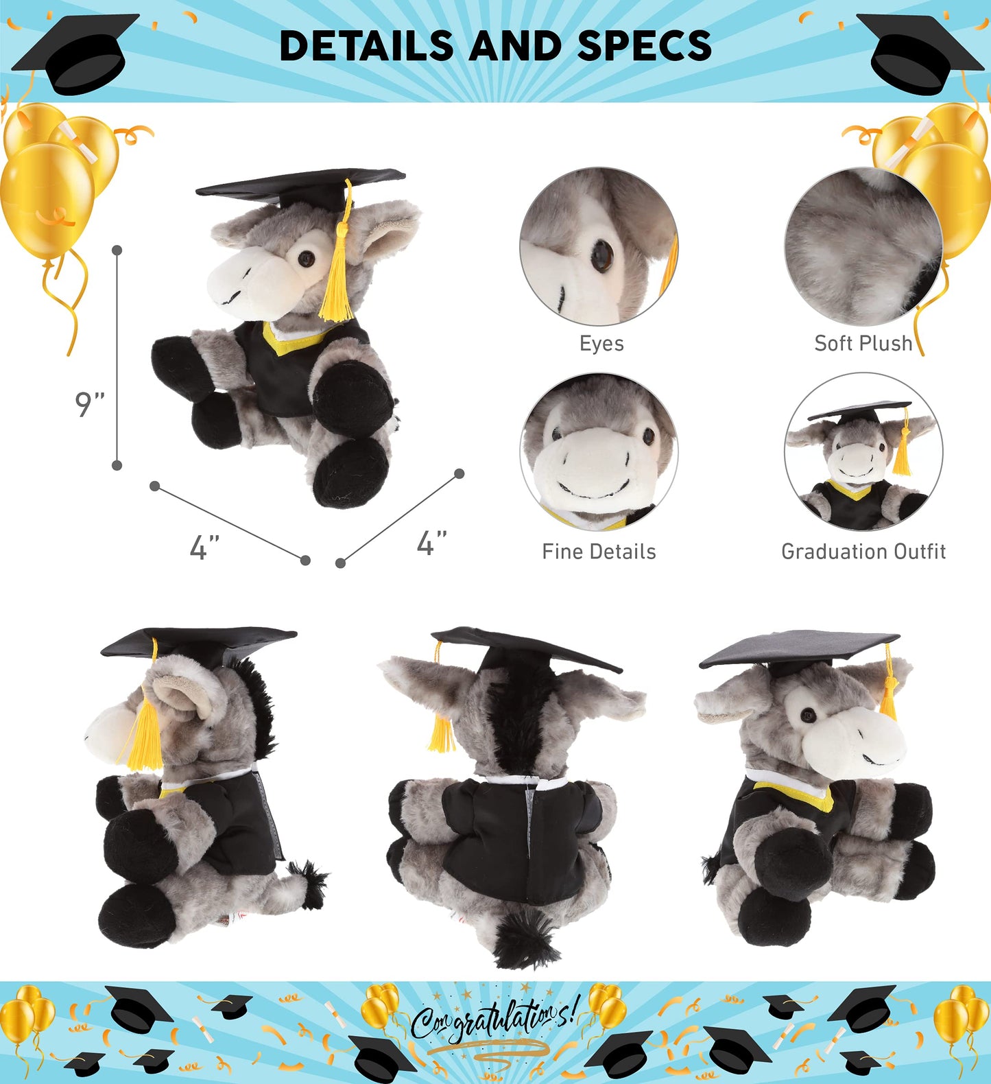 DolliBu Lying Grey Donkey Graduation Plush Toy - Soft Graduation Stuffed Animal Dress Up with Gown & Cap with Tassel Outfit and with Personalization