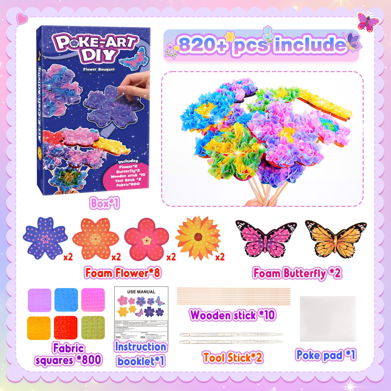 MDINGTD Toys for 4 5 6 7 8+ Year Old Girls, Poke Art Flower Bouquet with 8 Flowers & 2 Butterflies Arts and Crafts for Girls Ages 4-8 DIY Creative