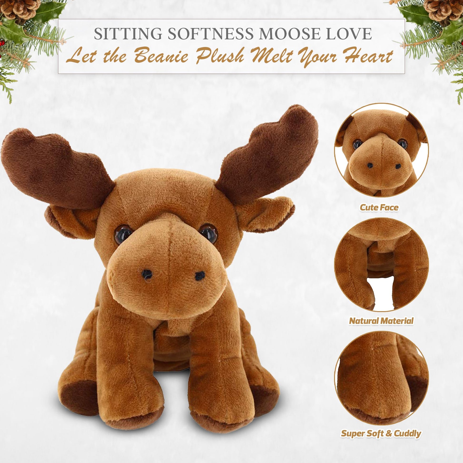 Plushland Beanie Moose Sitting 7" Stuffed Toys Plush Super Soft Winter Holiday (Beanie Moose)