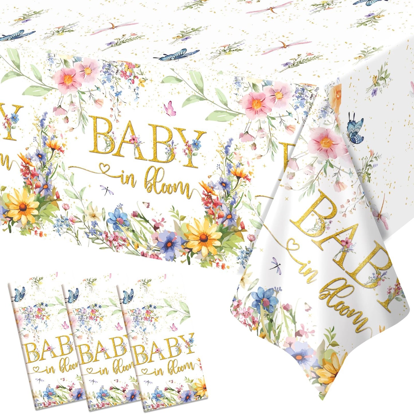 Yavxzvbw 3 Pack Baby in Bloom Table Cloth Baby in Bloom Baby Shower Decorations Wildflower Table Cloth Baby Shower Decorations, 54 × 108 inch