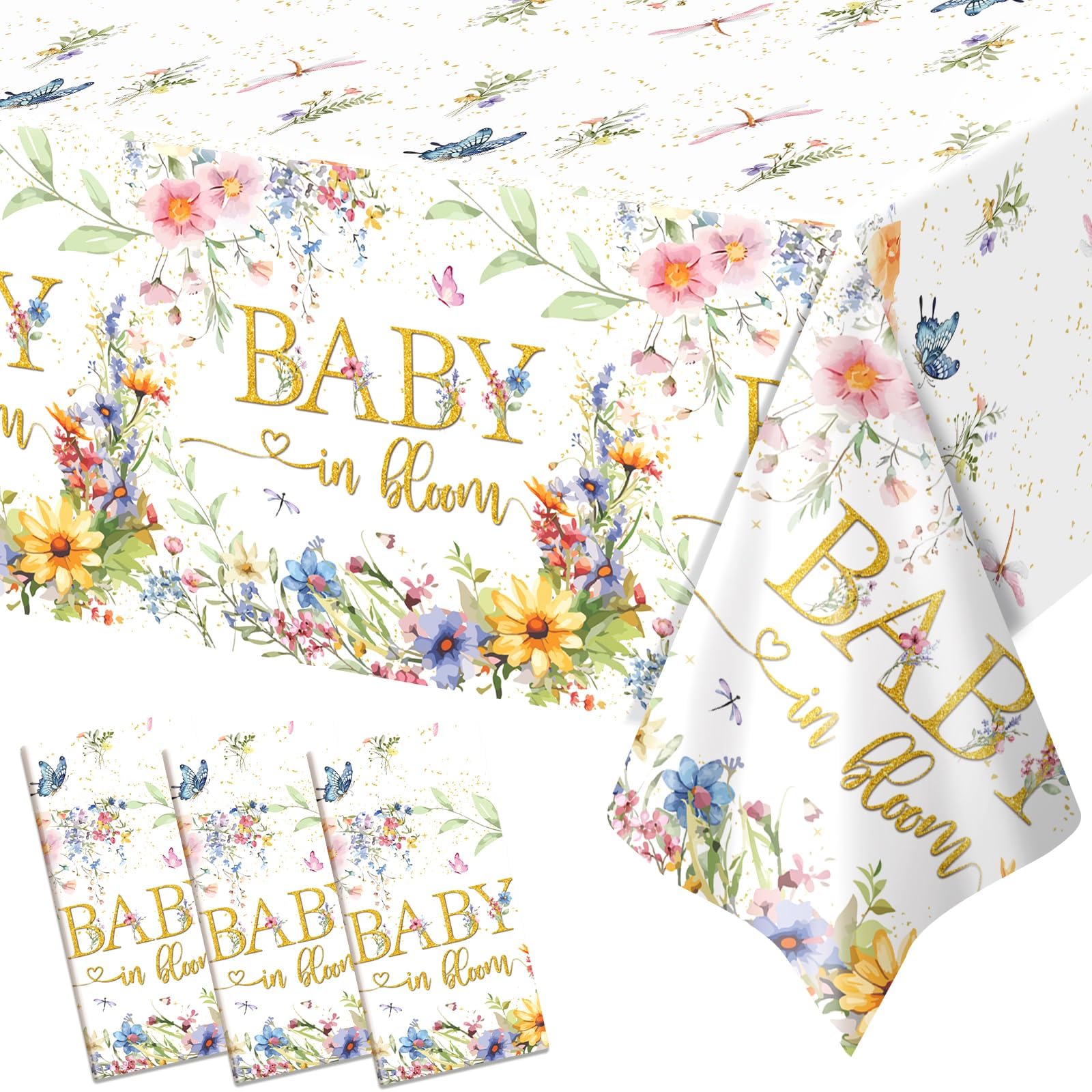 Yavxzvbw 3 Pack Baby in Bloom Table Cloth Baby in Bloom Baby Shower Decorations Wildflower Table Cloth Baby Shower Decorations, 54 × 108 inch