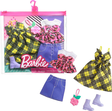 Barbie Fashions 2-Pack Clothing Set, 2 Outfits Doll Include Yellow Plaid Dress, Floral Top, Denim Skirt & 2 Accessories, Gift for Kids 3 to 8 Years