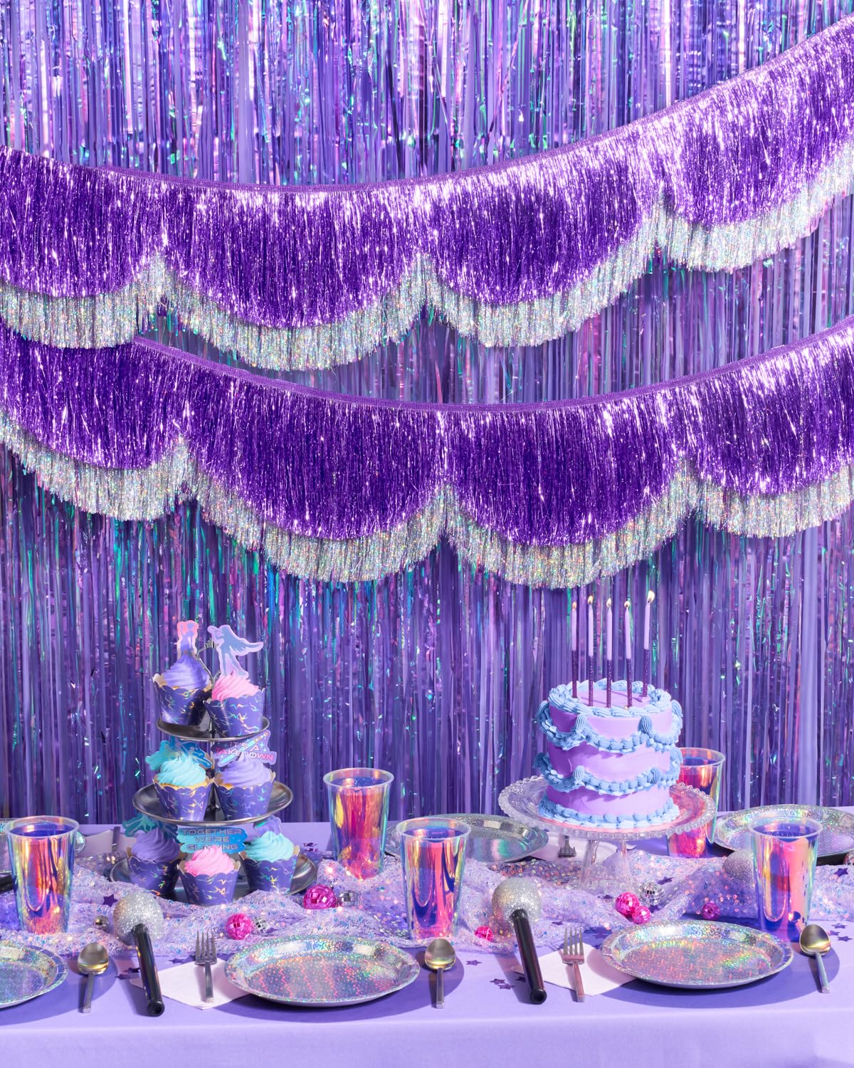 xo, Fetti Purple + Silver Scallop Fringe Banner | Birthday Decor, Party Backdrop, Disco Party, Whimsical, Iridescent Garland, Girly Glam, Kids Party
