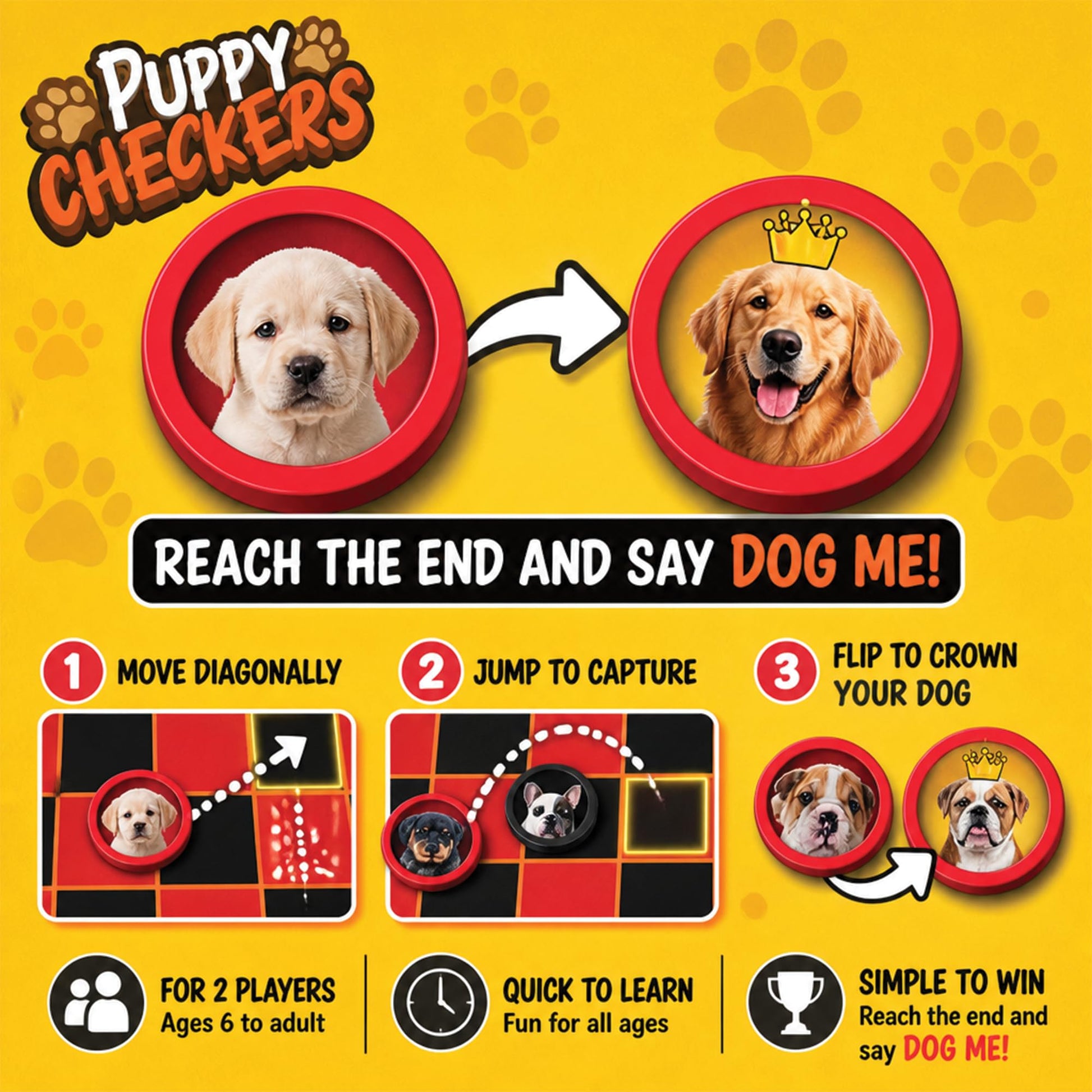 Puppy Checkers Board Game for Kids 8-12 and 4-8 with 56 Adhesive Dog Stickers - Fun Learning Game for Game Night | Great for Grandkids