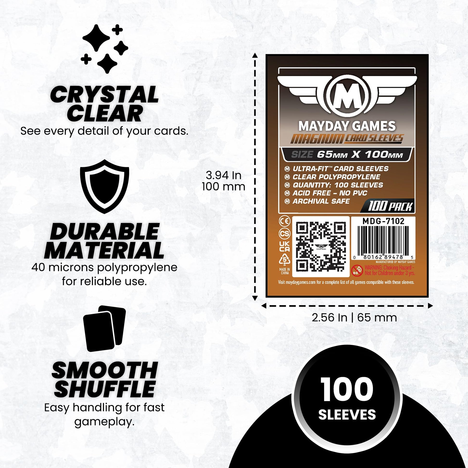 MayDay Games Magnum Card Sleeves 65x100mm - Clear Polypropylene, 40 Micron, 100 Standard Board Game Card Sleeves, Compatible with 7 Wonders - MDG-7102