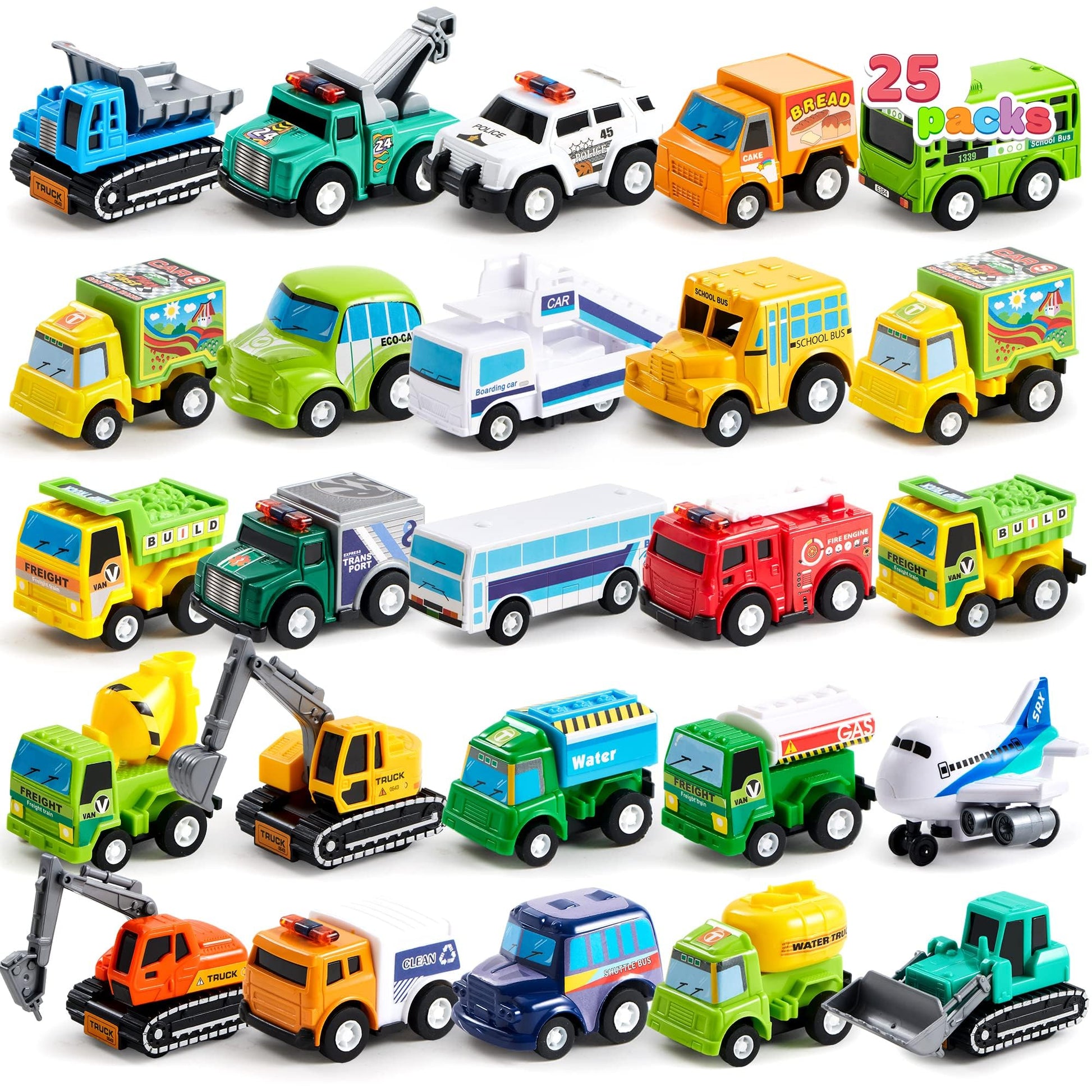 JOYIN 25 Pieces Pull Back Cars and Trucks Toy Vehicles Set for Toddlers, Girls and Boys Kids Play Set, Party Favors, School Gifts, Goodie Bags