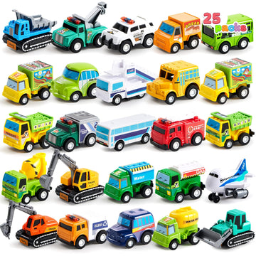 JOYIN 25 Pieces Pull Back Cars and Trucks Toy Vehicles Set for Toddlers, Girls and Boys Kids Play Set, Party Favors, School Gifts, Goodie Bags