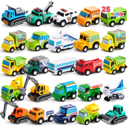 JOYIN 25 Pieces Pull Back Cars and Trucks Toy Vehicles Set for Toddlers, Girls and Boys Kids Play Set, Party Favors, School Gifts, Goodie Bags