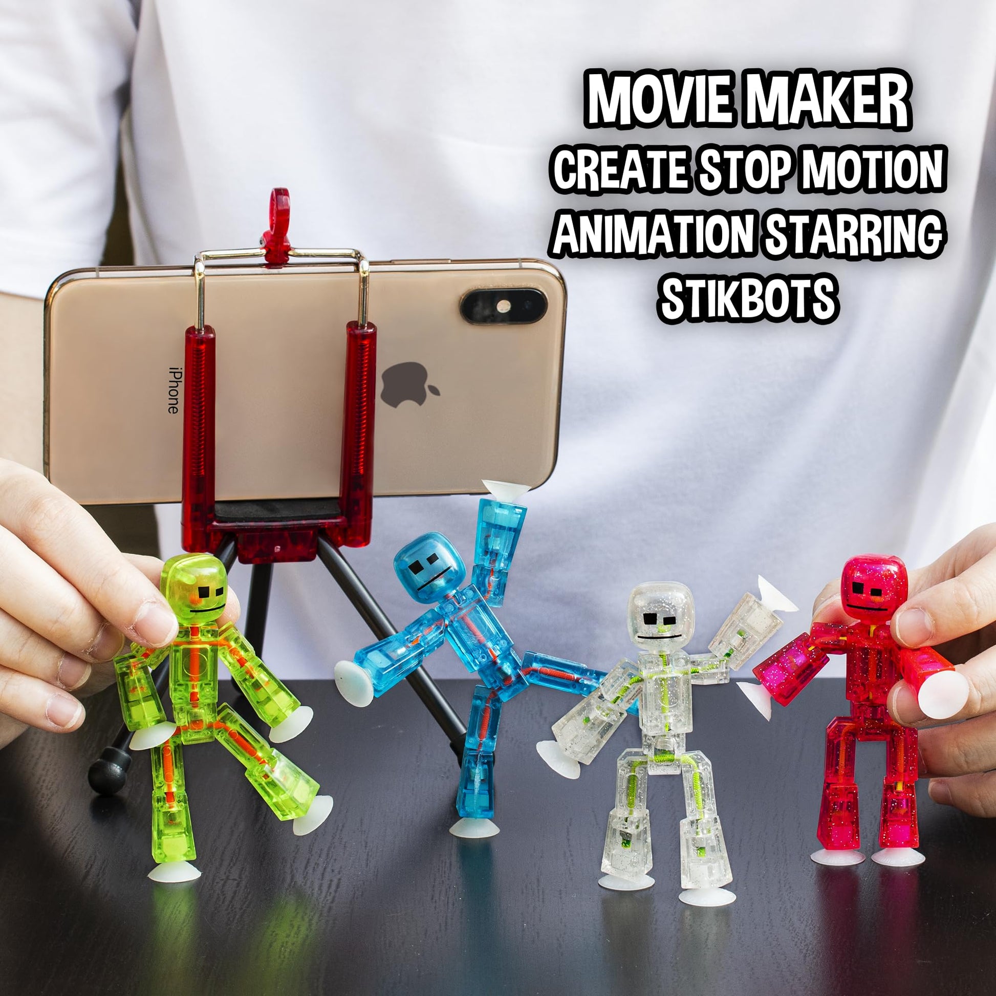 Zing Stikbots, Set of 4 Clear Stikbot Poseable Action Figures and Mobile Phone Tripod, Stop Motion Animation Toys, Great for Kids Ages 4 and Up