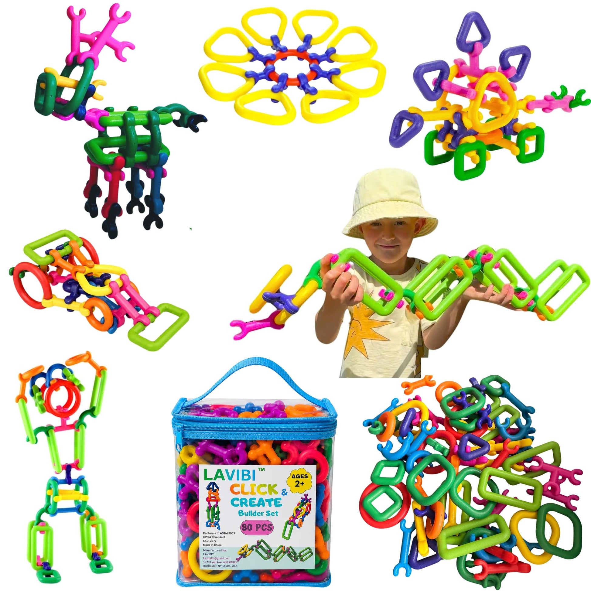 LAVIBI Click & Create Builder Set (80 pcs) - STEM Educational Interlocking Building Blocks for Kids Ages 2-7, Creative Construction Toy for Boys
