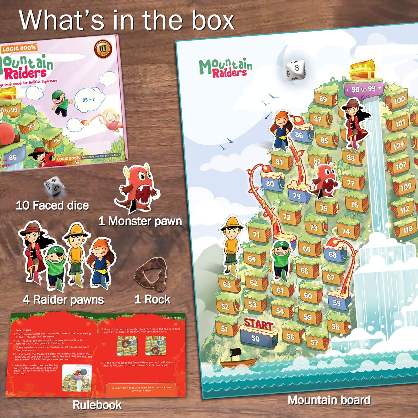 Logic Roots Addition Game - Fun Math Board Game for 7-9 Year Olds, Easy Start STEM Toy with Addition of 2 & 3 Digit Numbers (Moutain Raiders)