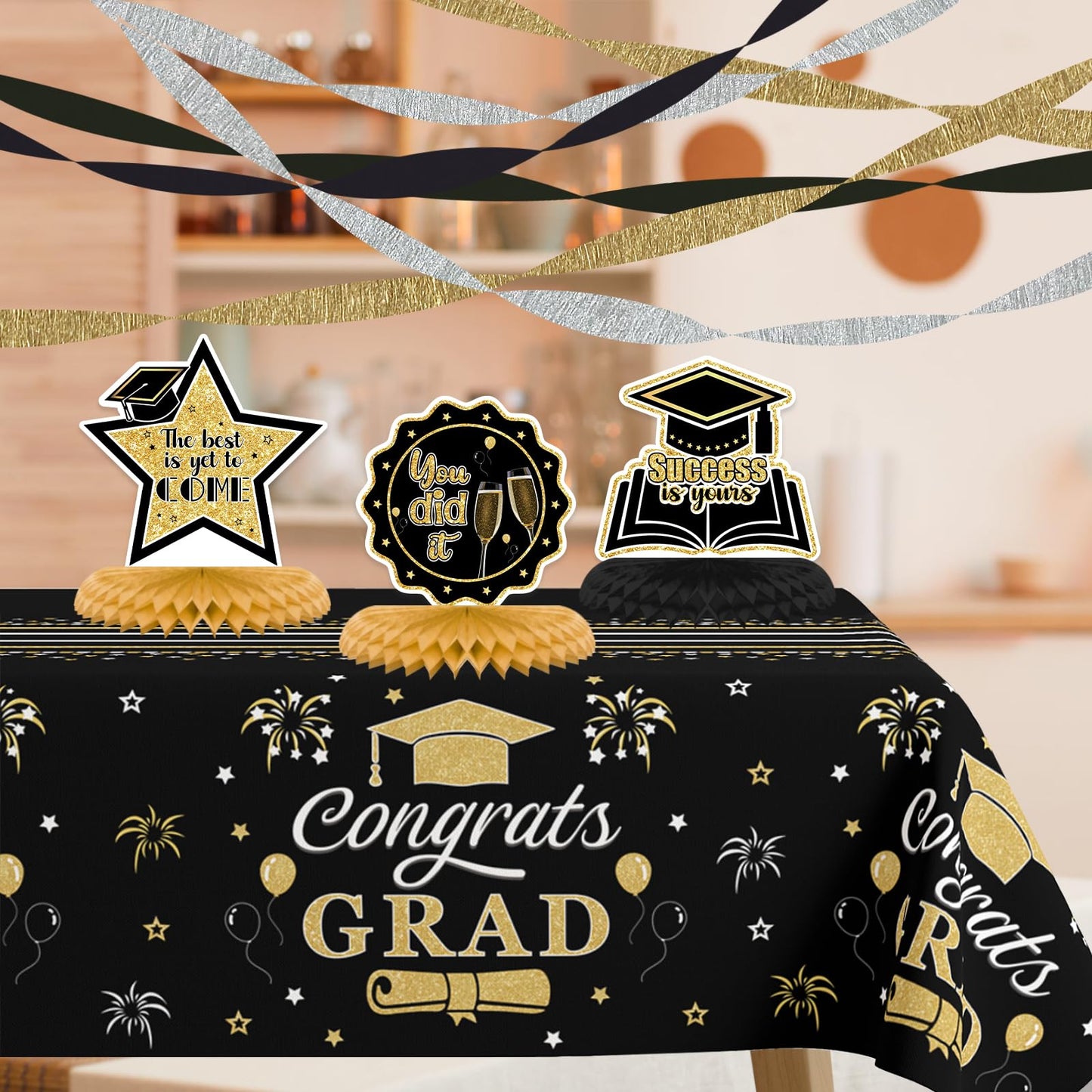 9PCS Graduation Party Decorations Class of 2025 Congrats Grad Table Centerpiece Congratulate Graduation Black and Gold Honeycomb Table Toppers