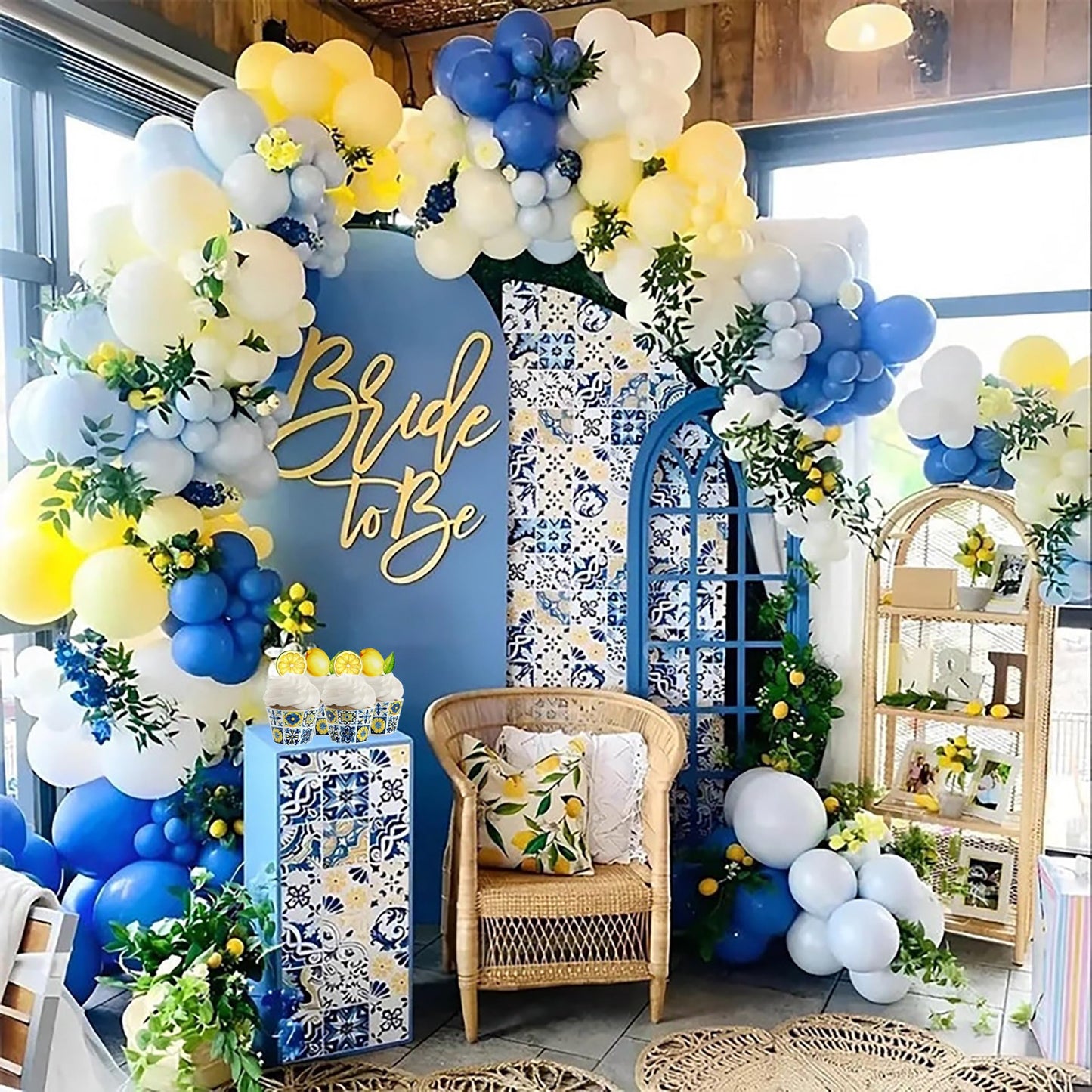 Blue Tile and Lemons Cupcake Wrappers,Mediterranean Tiles,24 Lemon Cupcake Toppers +Cupcake Wrappers