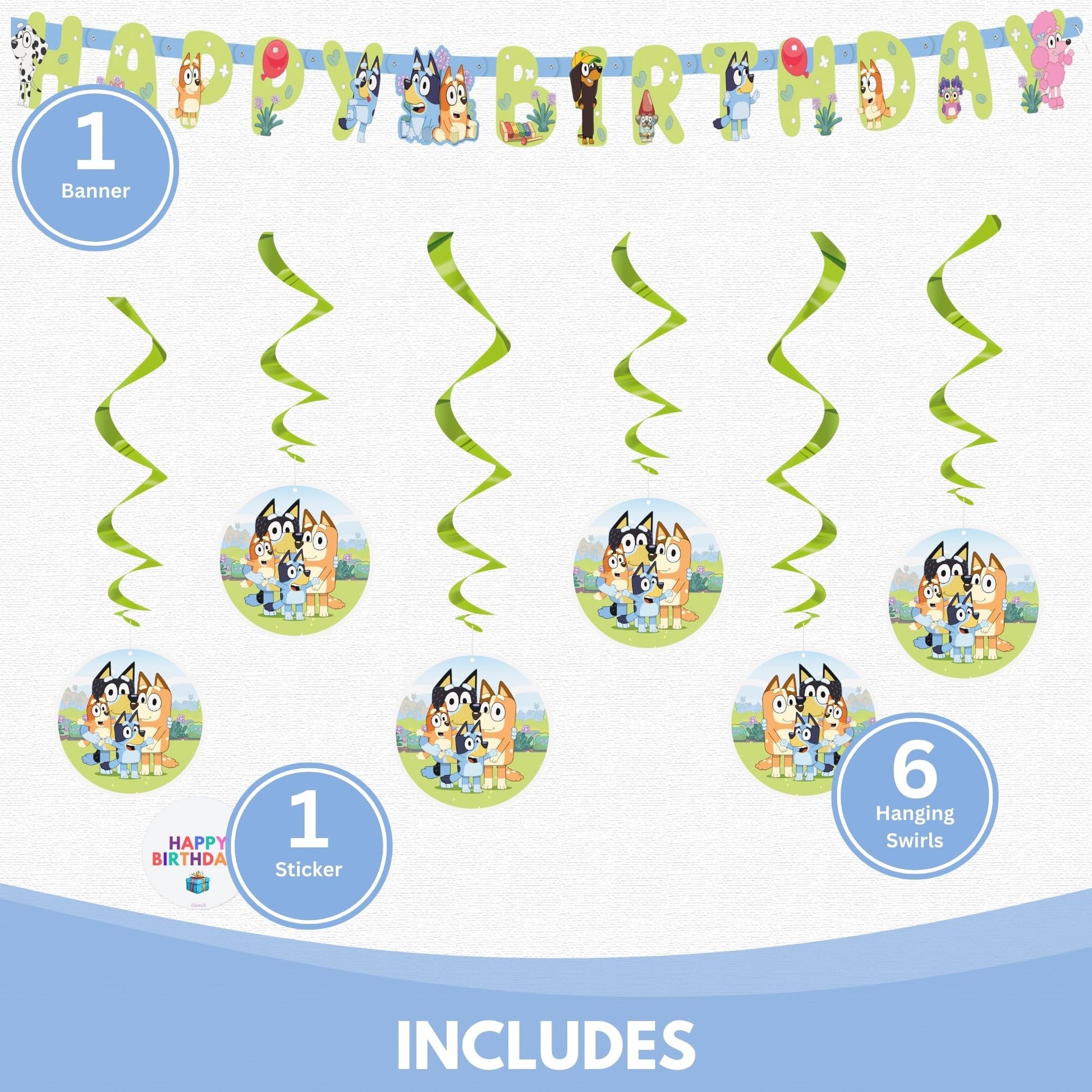 Bluey Birthday Banner and 6 Hanging Swirls | Bluey Birthday Decorations | Party Supplies | Officially Licensed