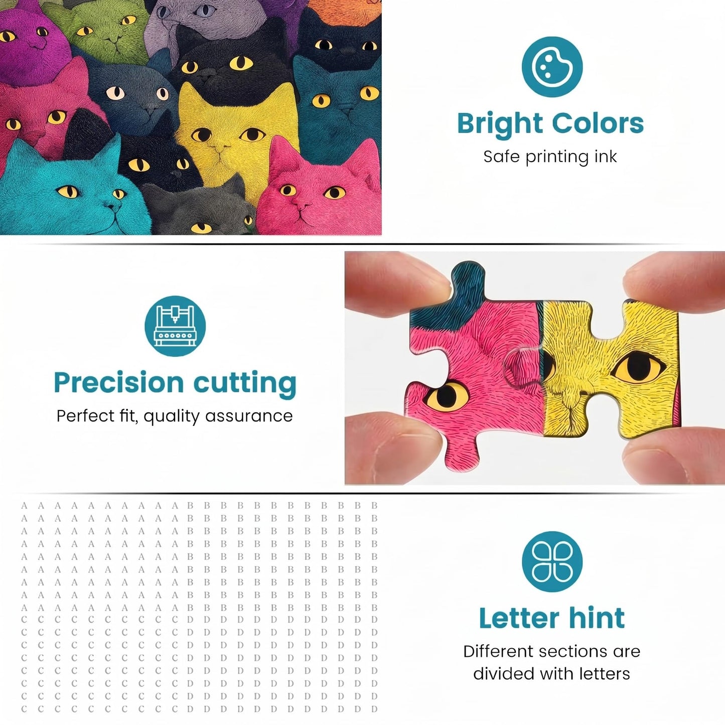 1000 Piece Puzzle for Adults, Colorful Whimsical Cat Faces Illustration, Premium Matte Finish, Thick Blue Cardboard, Fun and Challenging Jigsaw