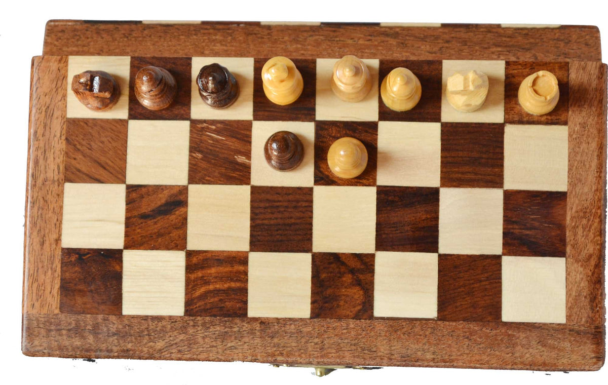 BKRAFT4U Handmade Wooden Rosewood Foldable Magnetic Chess Game Board with Storage Slots, 7 Inch