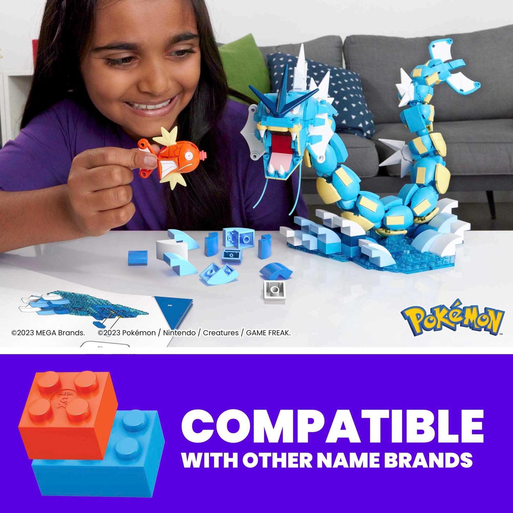 MEGA Pokémon Action Figure Building Toys Set for Kids, Magikarp Evolution Set with 411 Pieces, Buildable and Poseable Gyarados, 20 inches