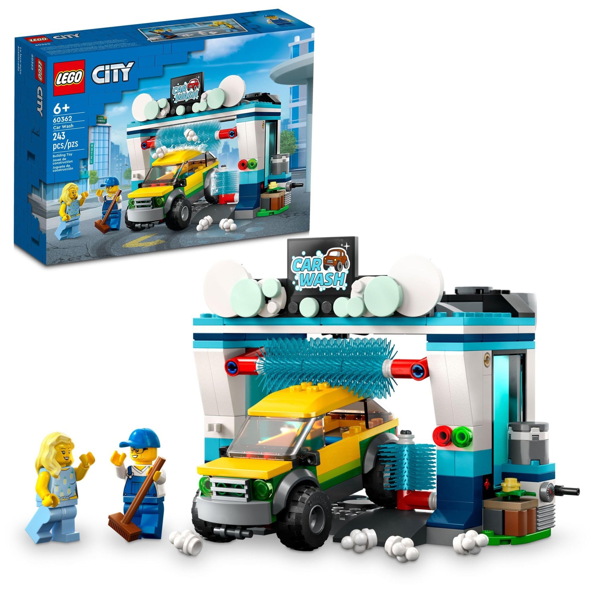 LEGO City Car Wash 60362 Building Toy Set, Fun Gift Idea for Kids Ages 6+, Features Spinnable Washer Brushes and Includes an Automobile and 2