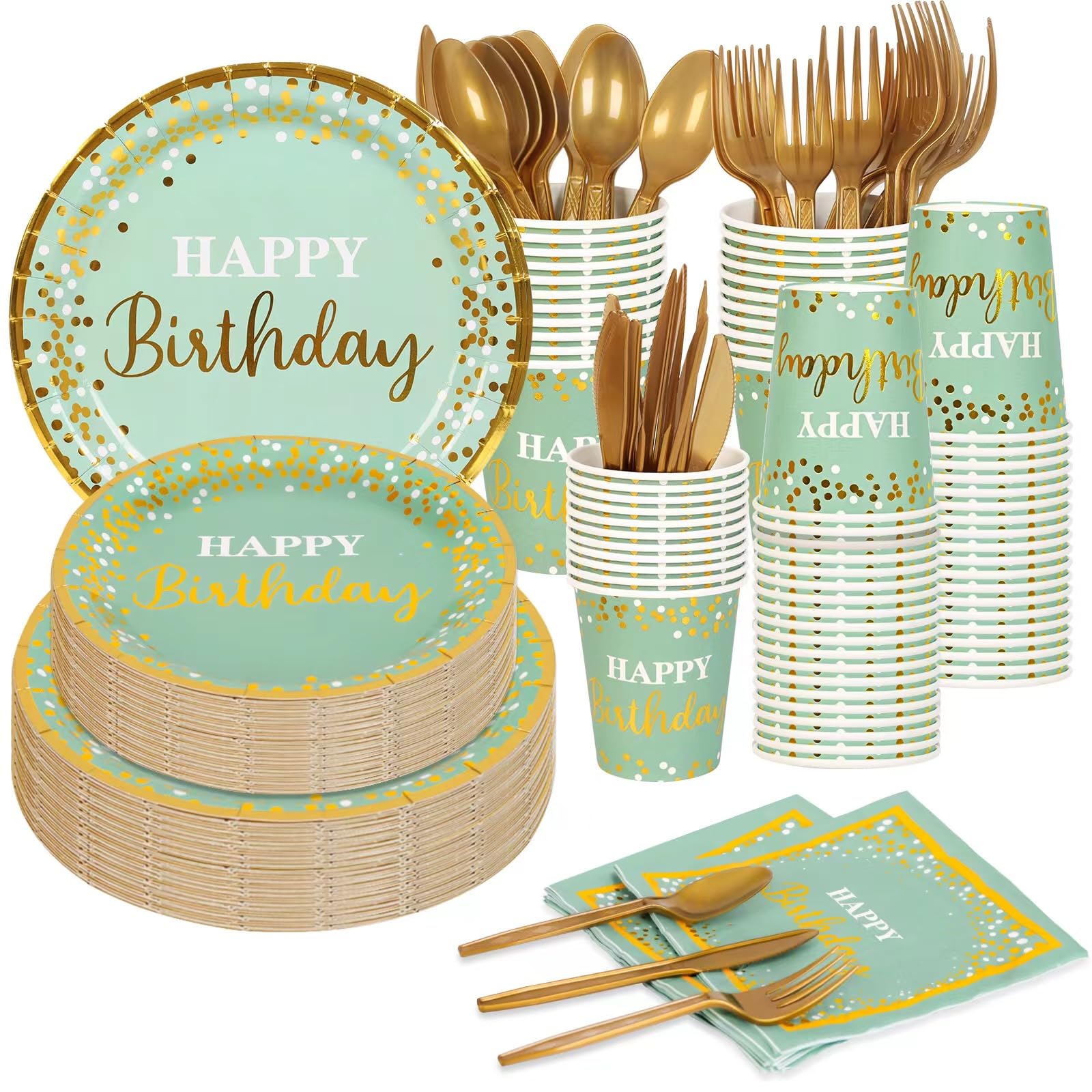 LTplazhi Sage Green and Gold Party Supplies 140 Pieces Happy Birthday Dinnerware - Sage Green Paper Plates, Napkins, Cups, Gold Plastic Forks, Knives