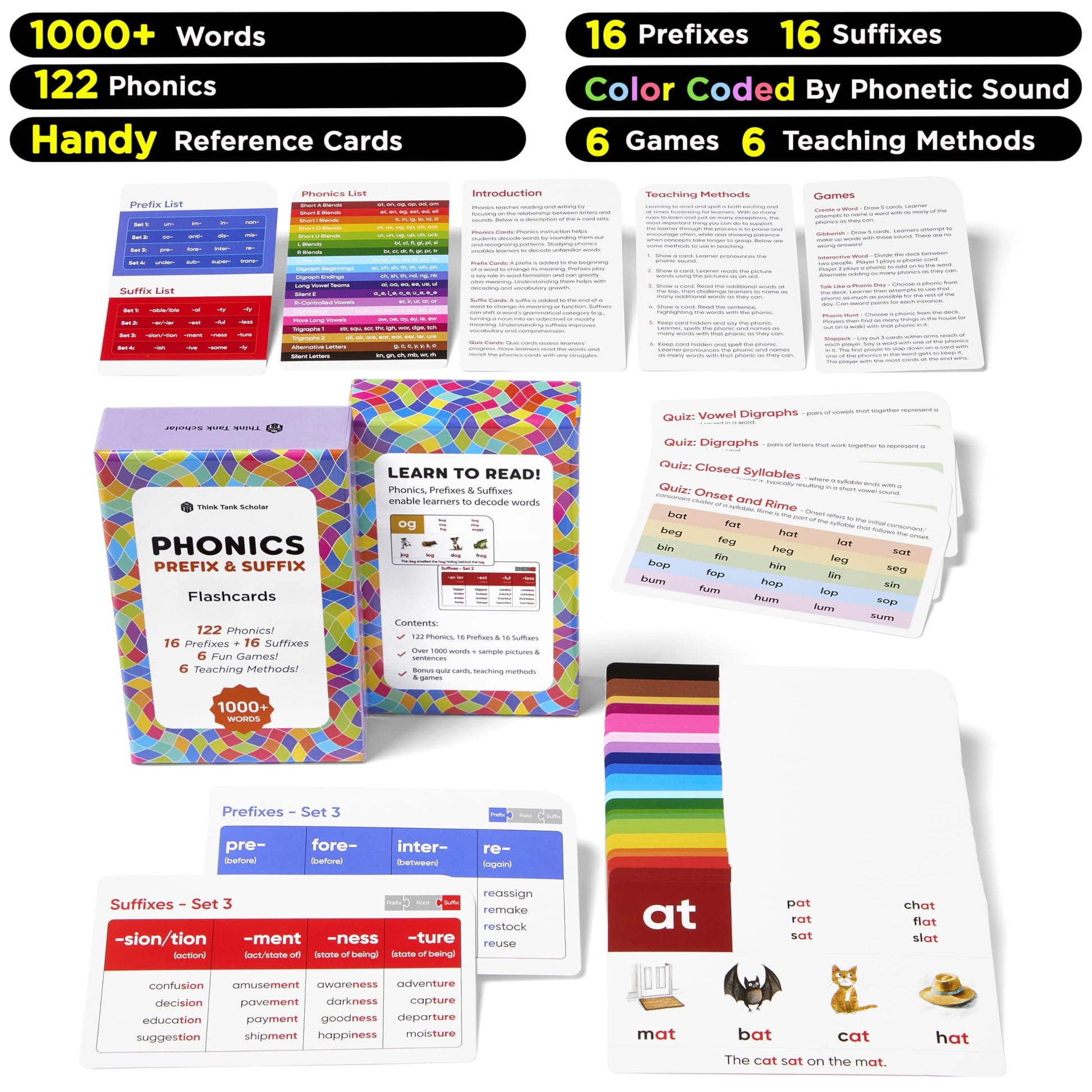 Award-Winning Phonics & Vocabulary Flash Cards (1000+ Words w/Prefixes, Suffixes & CVC) incl. Games & Visual Aids for Ages 4-8, Pre-K to 3rd Grade