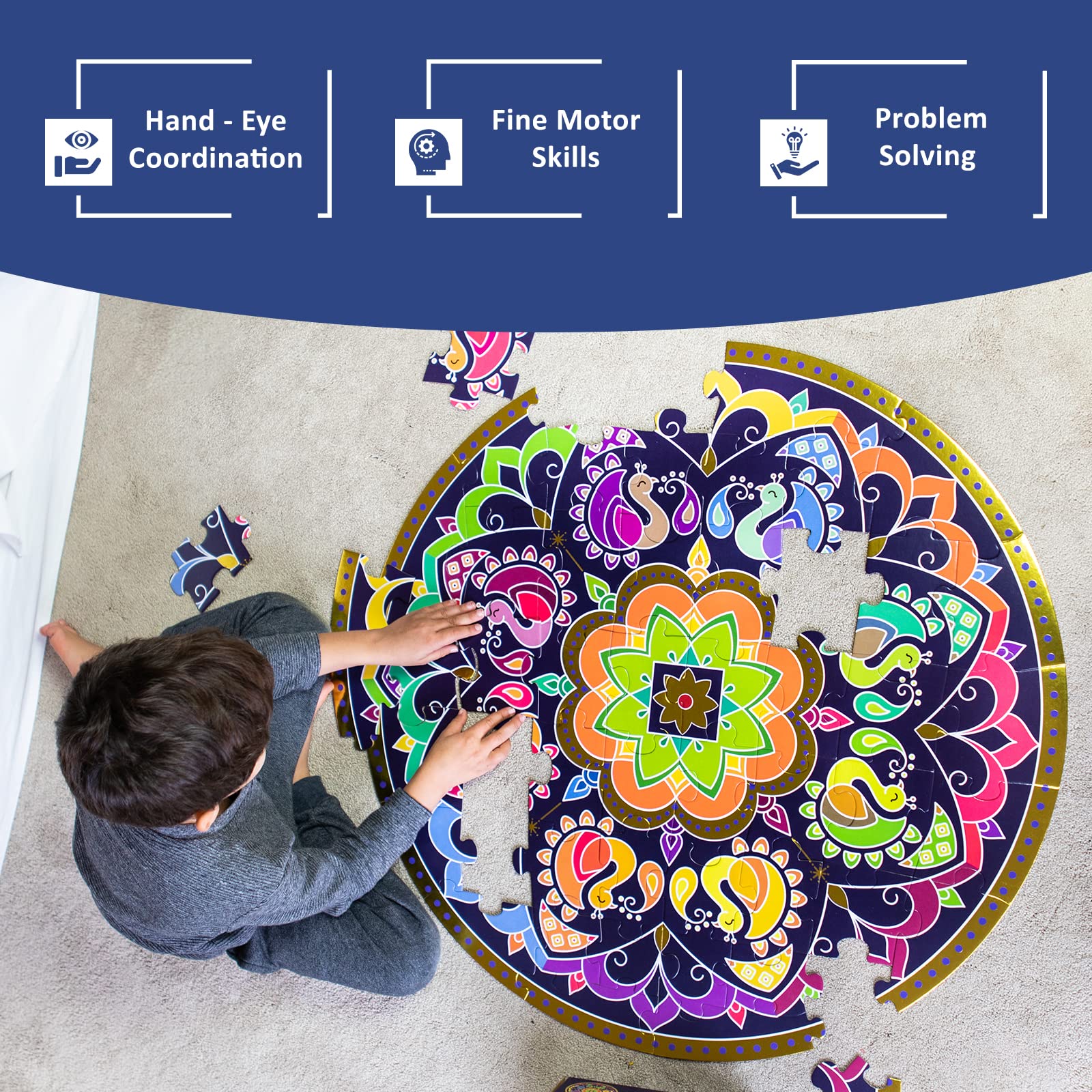 Kulture Khazana Rangoli Mandala Floor Puzzle - 48 Piece Puzzle 32 inches, Colorful Giant Floor Puzzle, Indian Art, Montessori Puzzle, Holi, Festival