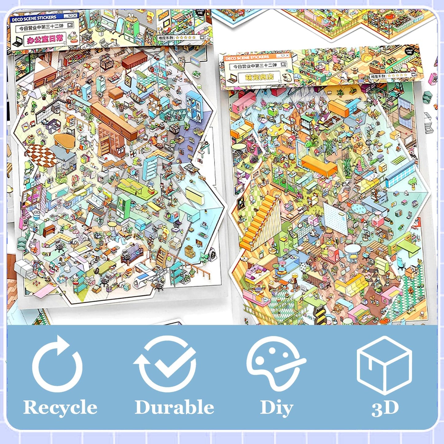 SZXYCZL Hard Mode Oversize Miniature Scene 2 Sets DIY 3D Stickers Scene Book Multiple Scenarios, Make You Own Mini Chinese House Sticker Therapy