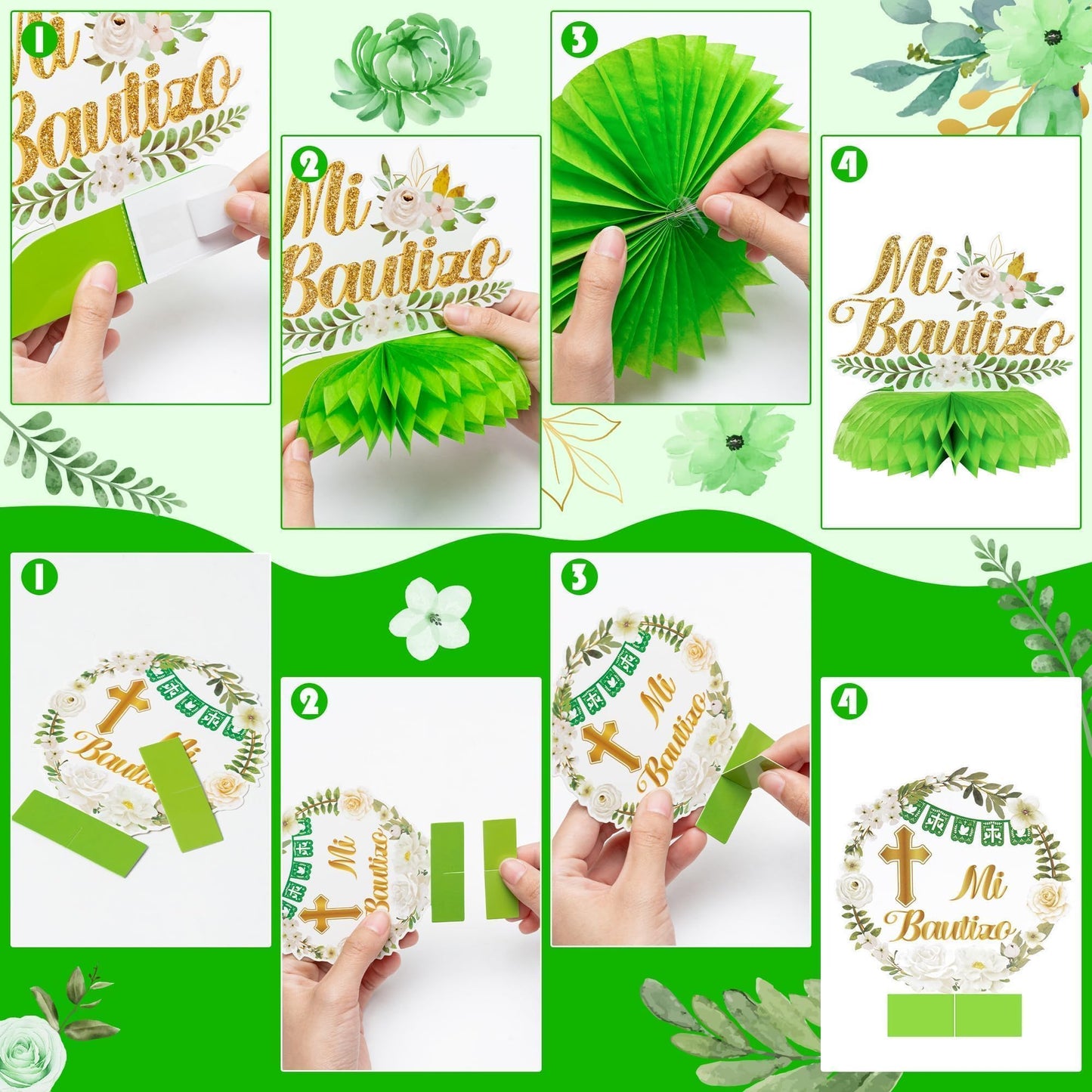FFyhiinski Floral Honeycomb Table Centerpieces for Mi Bautizo Party- 12 Cross Green Baptism Table Toppers Decorations for First Confirmation