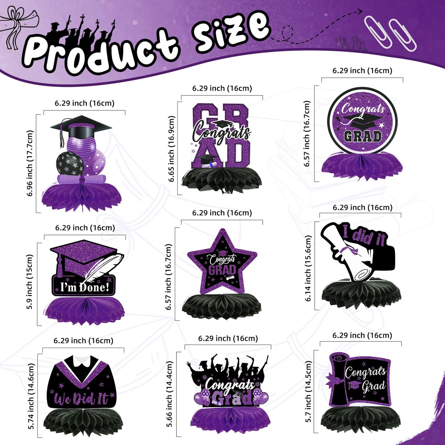 9PCS Graduation Table Decorations 2026 Purple and Black Congrats Grad Table Centerpiece Congratulate Graduation Table Toppers Graduation Decorations