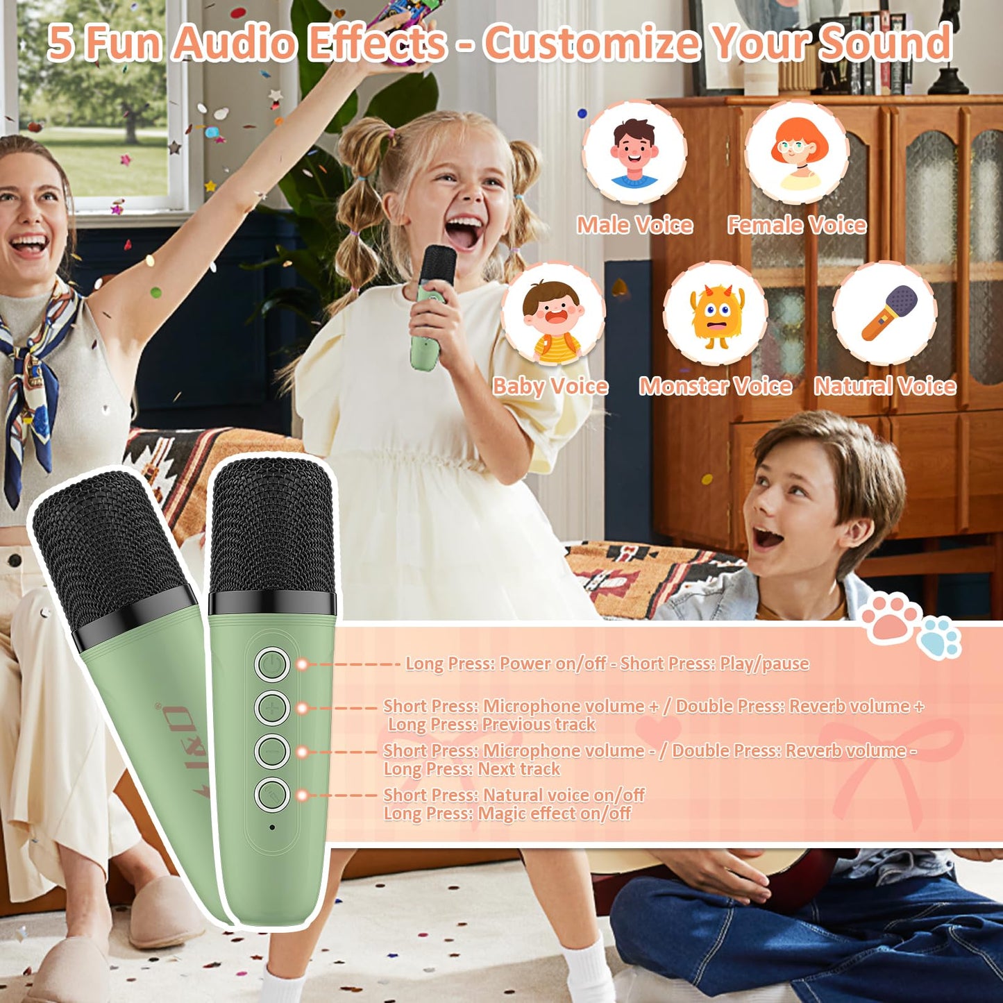 J&D Mini Karaoke Machine for Kids Adults, Portable Bluetooth Speaker with 2 Wireless Mics and Cat Sticker for Girls Boys Age 3-10 Birthday Gifts
