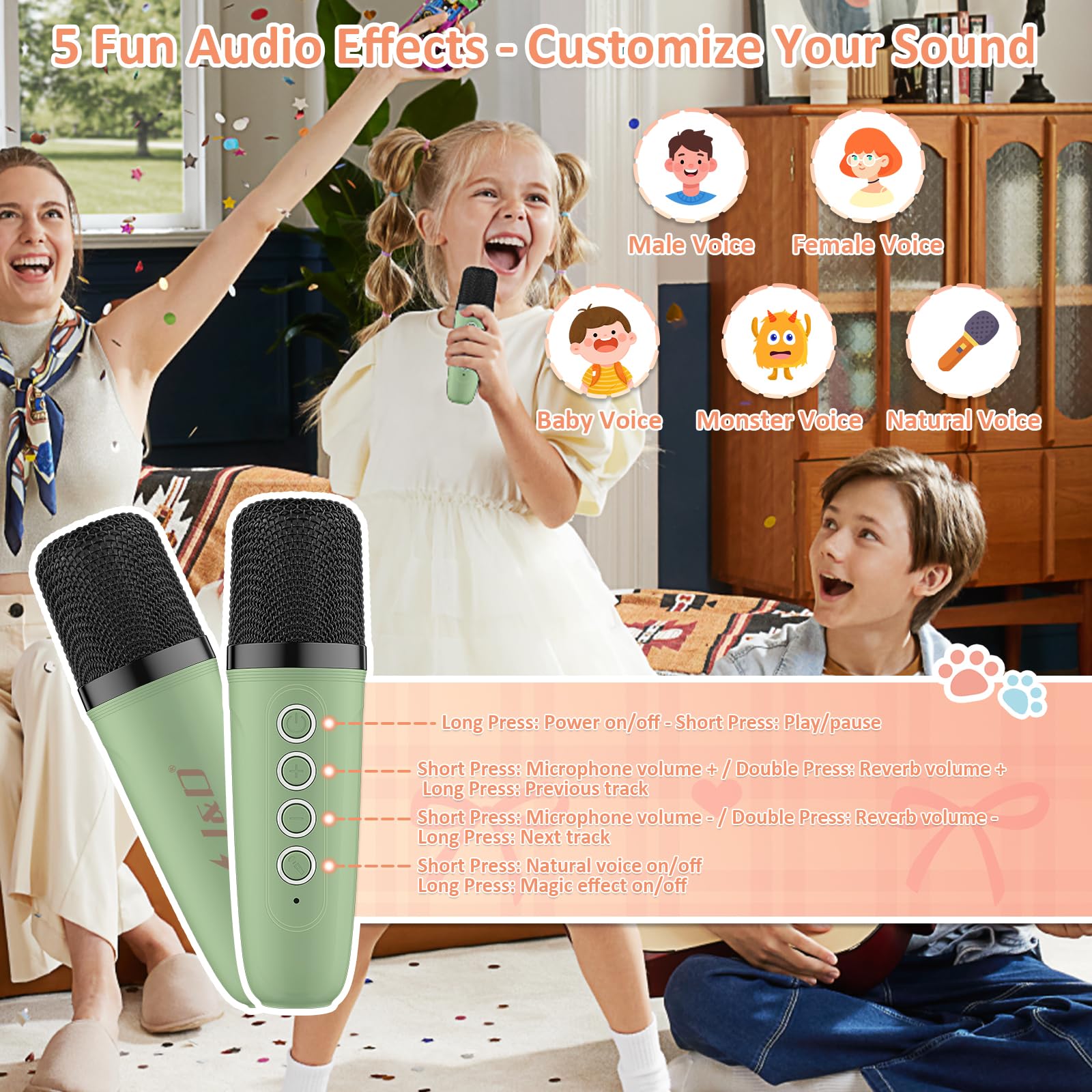 J&D Mini Karaoke Machine for Kids Adults, Portable Bluetooth Speaker with 2 Wireless Mics and Cat Sticker for Girls Boys Age 3-10 Birthday Gifts
