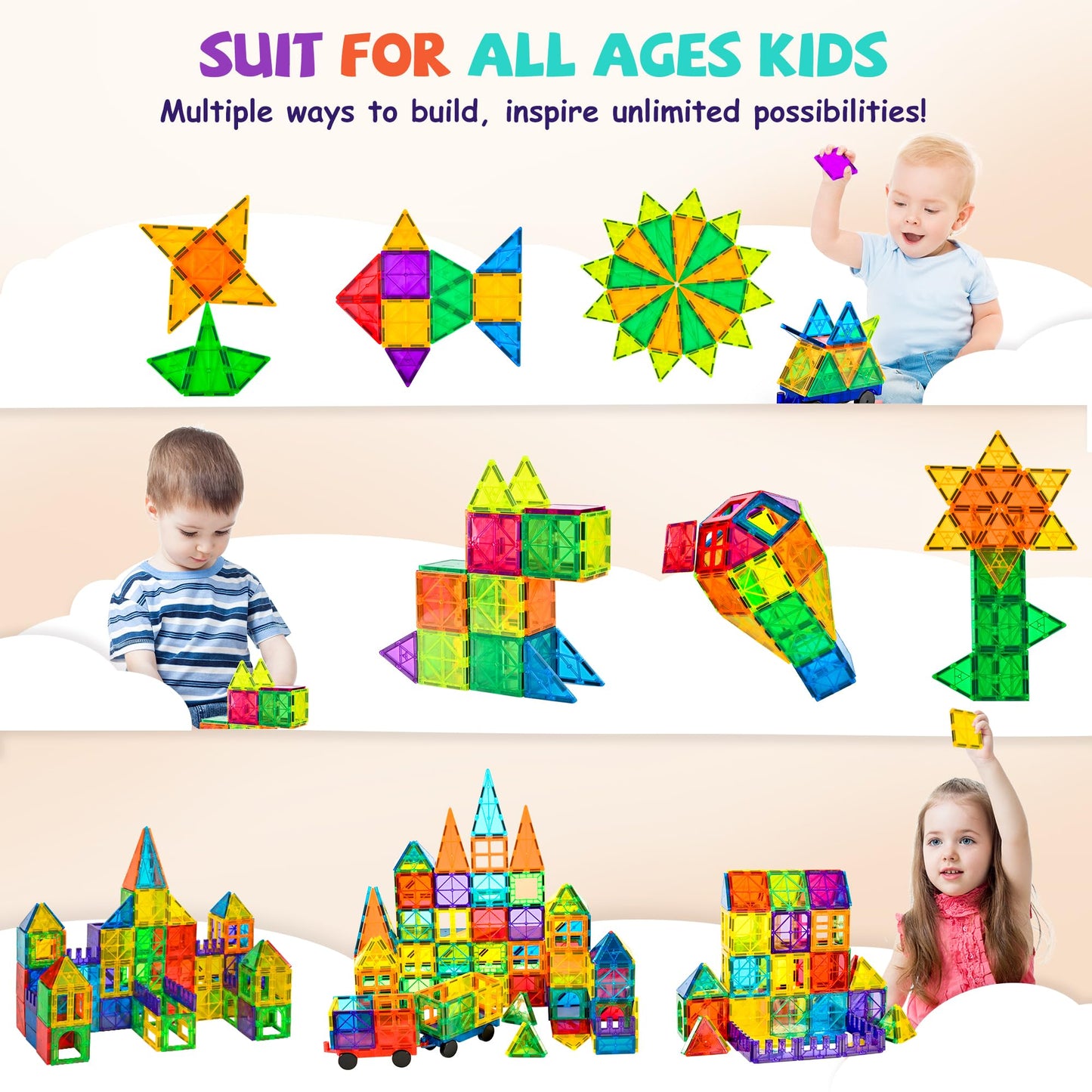 cossy 60 Pcs Magnet Tiles Magnetic 3D Building Blocks Set Educational Construction Toys for 3+ Year Kids with Stronger Magnets, Rivets-Fastened