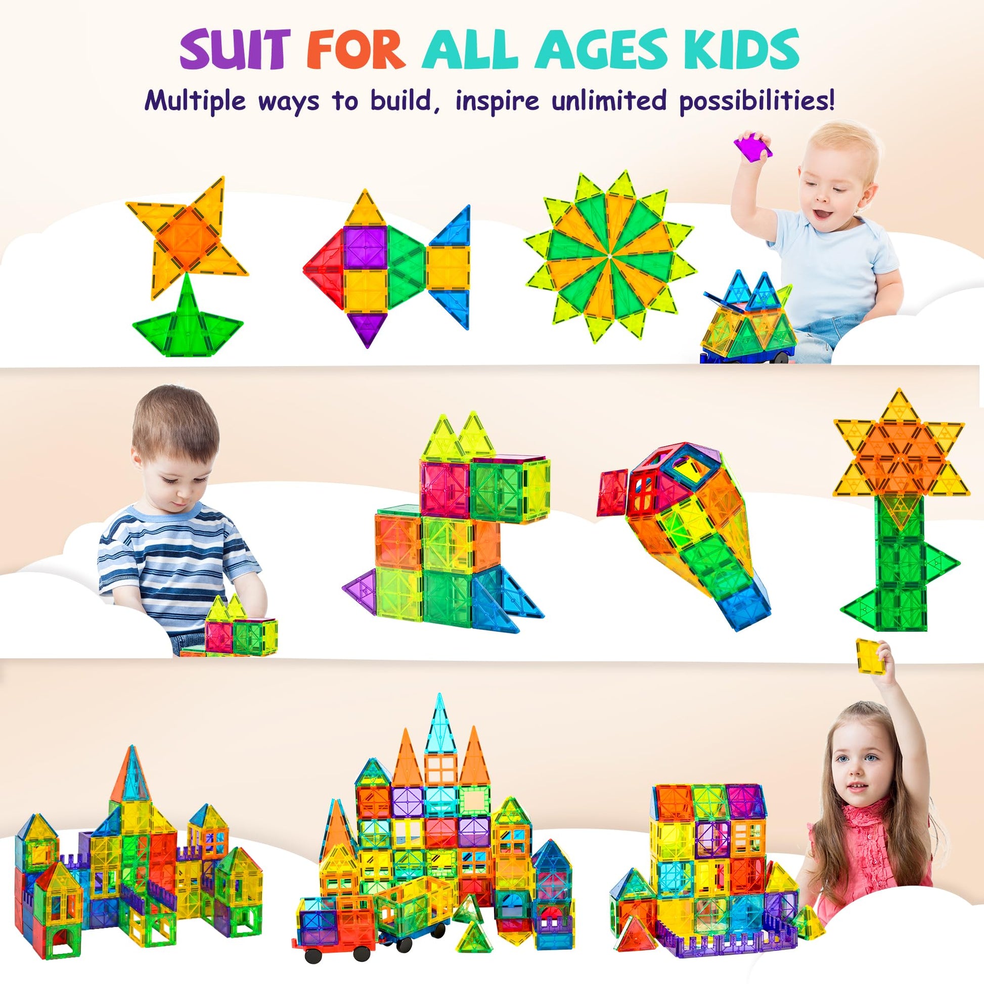 cossy 120Pcs Magnetic Tiles Magnetic 3D Building Blocks Set Educational Construction Toys for 3 4 5 6 7 8 Year Old Boy and Girl with Stronger Magnets