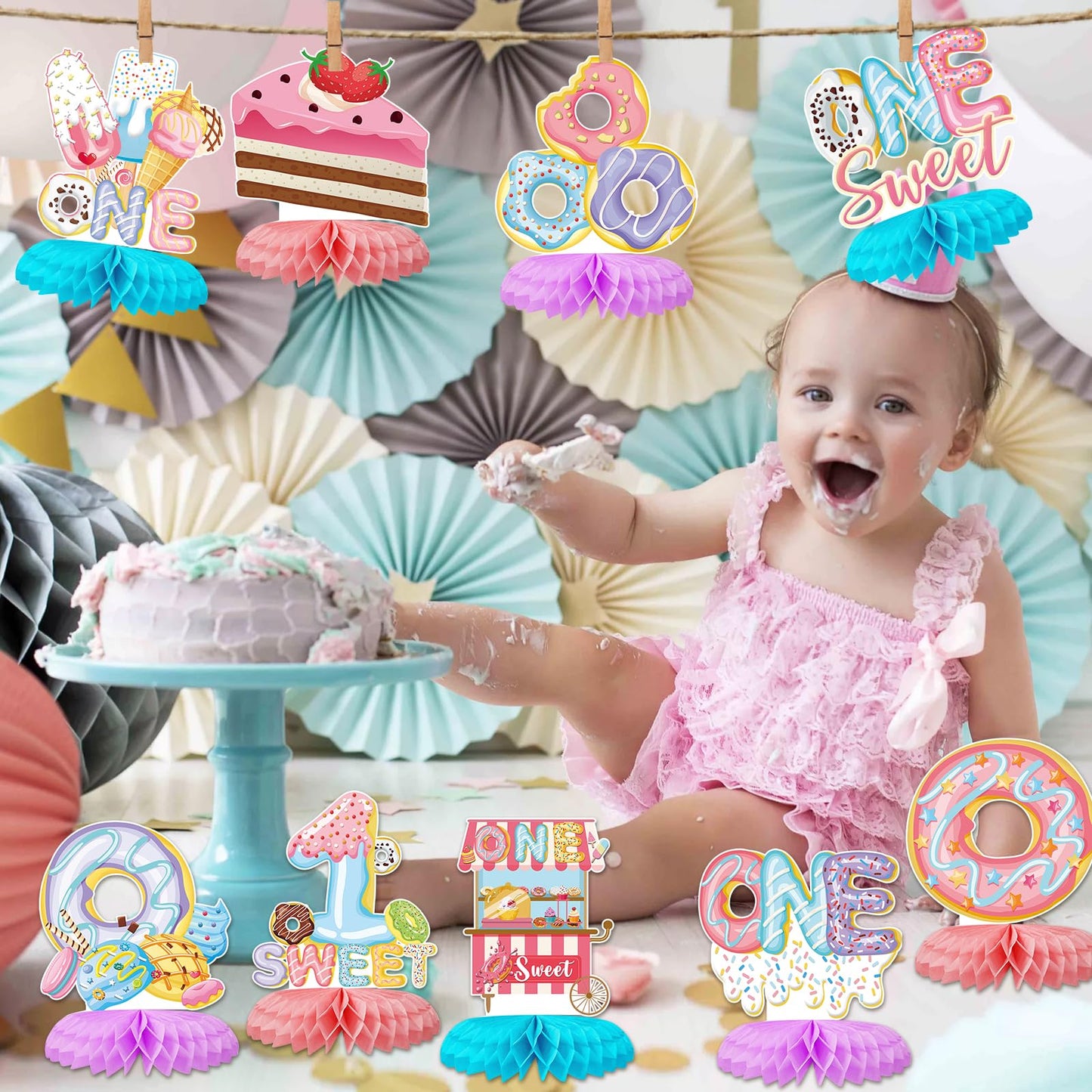 Tarklanda 10pcs Donut 1st Birthday Honeycomb Centerpieces Party Decor for Baby Girl,First ONE Sweet Donut 3D Table Centerpieces Party Happy Birthday