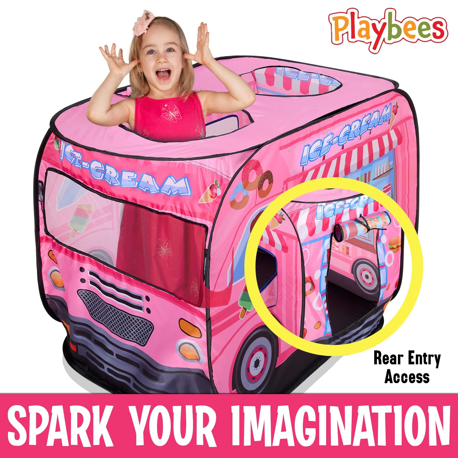 Playbees Musical Ice Cream Truck Pop Up Play Tent with 3 Openings - Tent for Toddlers - Indoor & Outdoor - Pop Up Tents for Kids - Includes Carry Bag