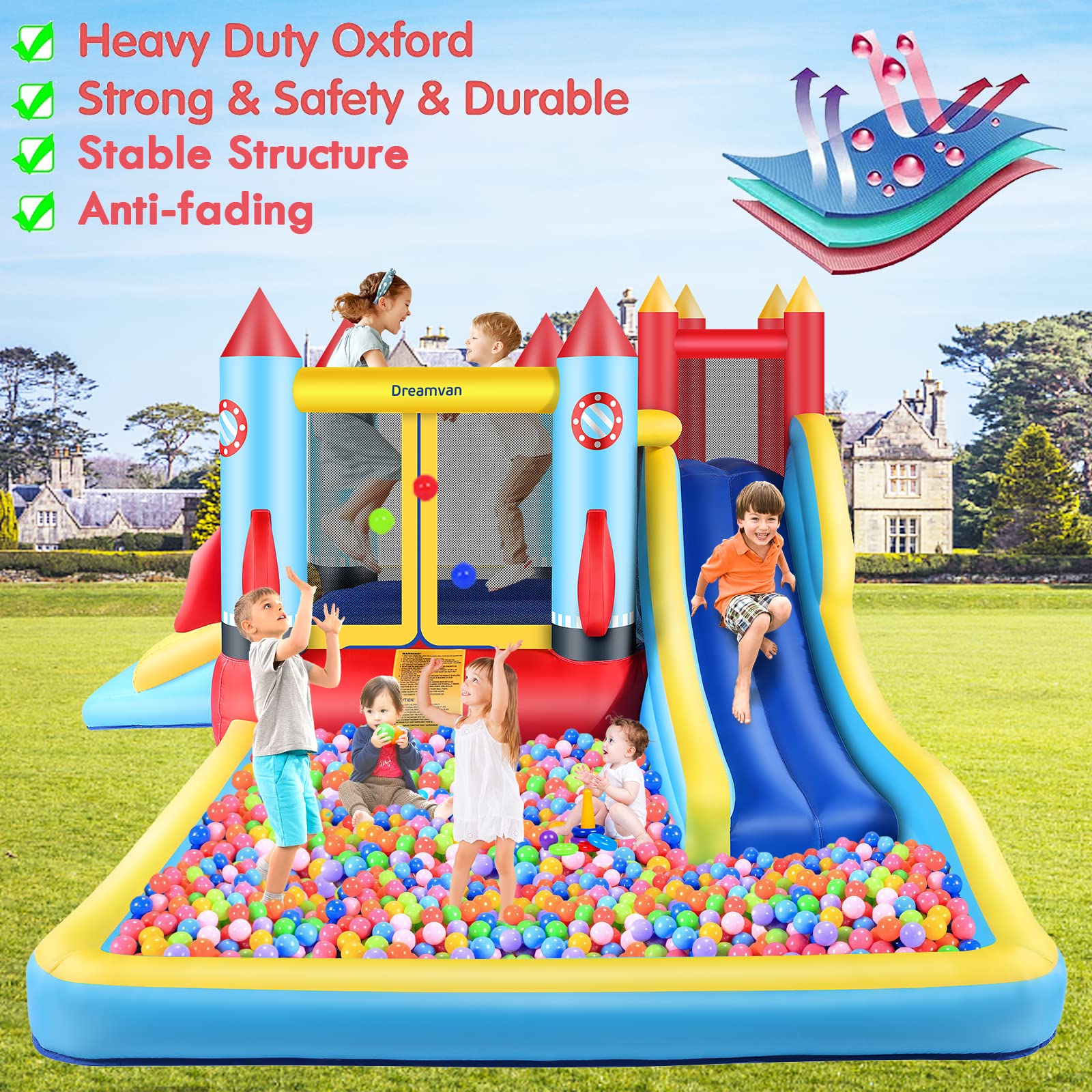 Inflatable Bounce House for Kids 146 x 132 x 82 inch, Indoor/Outdoor Bouncy House with Large Splashing Pool, Bouncing Area, 2 Water Slides,Climbing