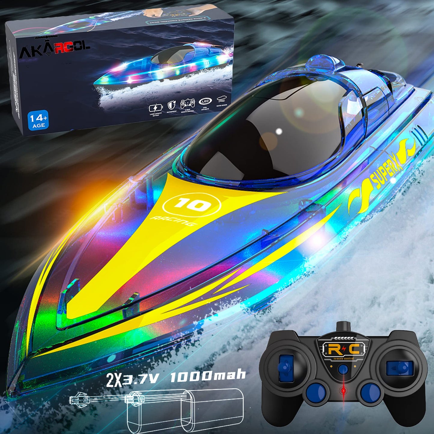 Akargol RC Boat with LED - Remote Control Boat for Pools and Lakes 2.4 GHZ RC Boats with 2 Rechargeable Battery Whole Body Waterproof, Low Battery
